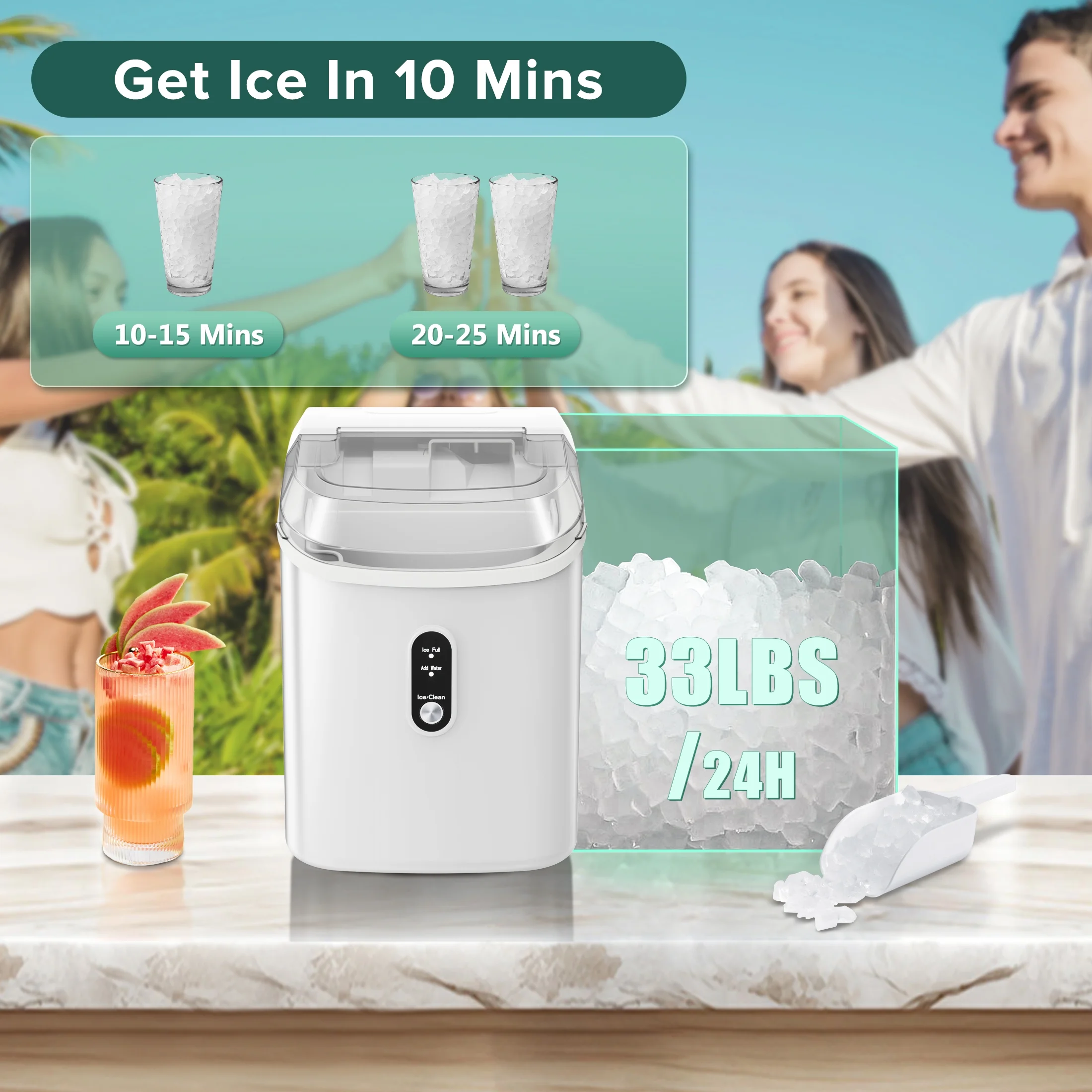 KISSAIR Nugget Ice Maker Countertop with Soft Chewable Pellet Ice, Portable Ice Machine with Handle, 34lbs/24H, One-Click Operation for Home/Party (White)