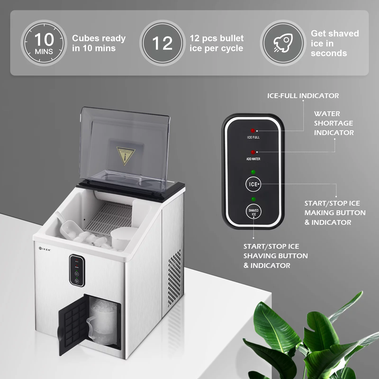 IKER Ice Maker 33lb/24H, Countertop Ice Shaver Machine, Portable 2-in-1 Ice Machine with LCD Display