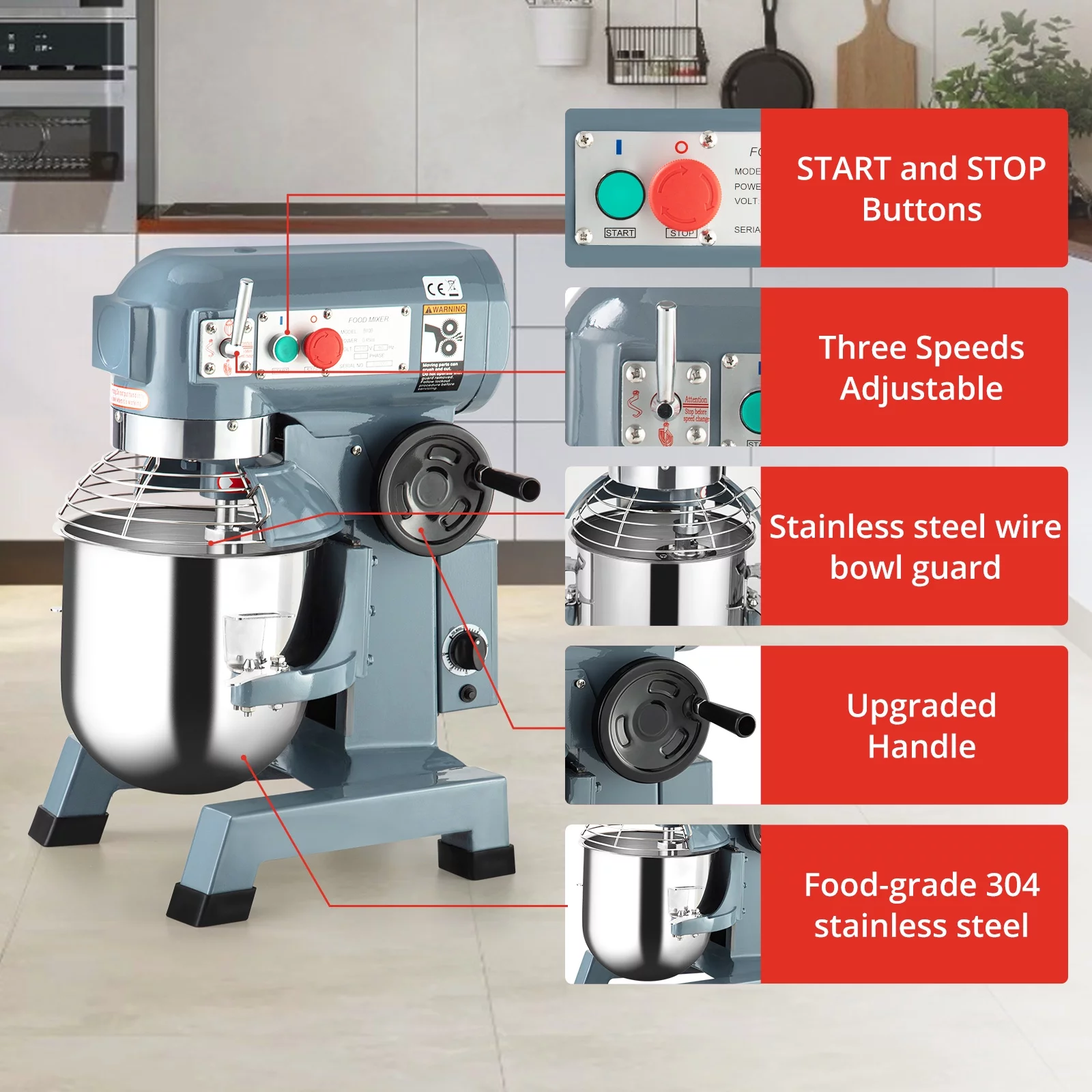 Commercial Food Mixer,15Qt 3 Speed with Stainless Steel Bowl, Dough Hooks, Whisk Beater ,Stand Mixer With Safety Guard 600W,110V for Restaurant, Bakeries,Commercial Kitchen