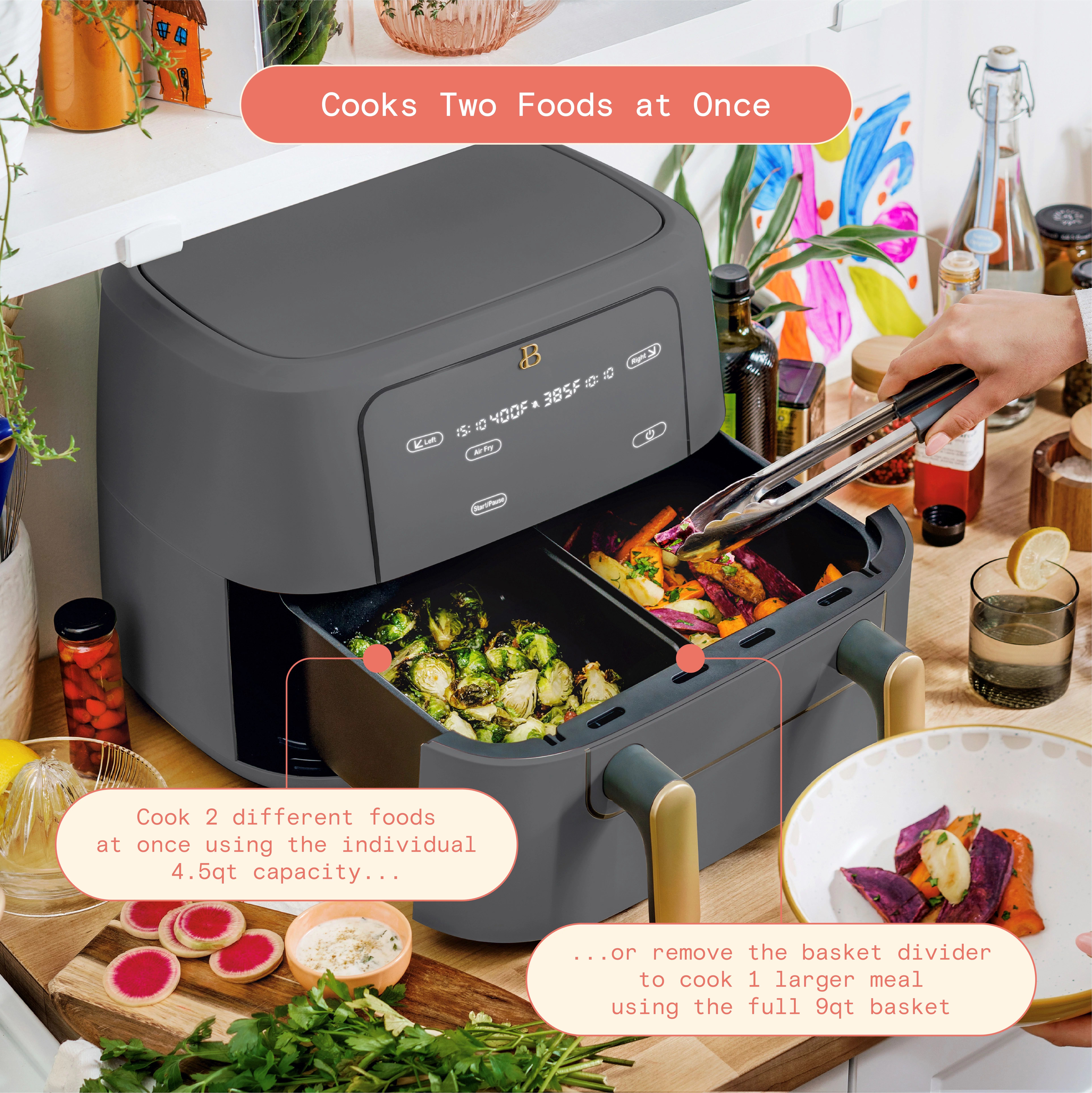 Beautiful 9 QT TriZone Air Fryer, Oyster Grey by Drew Barrymore