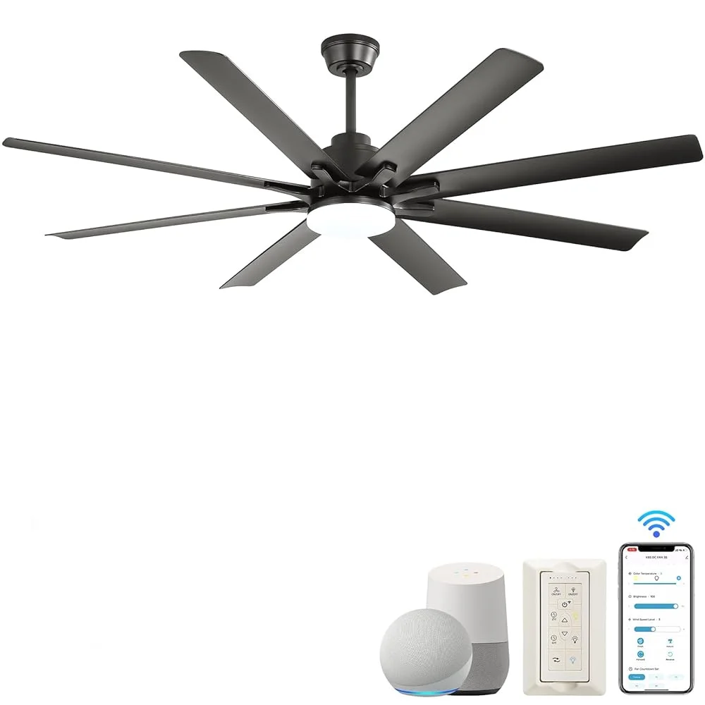 66' Large Ceiling Fan with Lights and Remote Control, Dimmable 3-color Temperatures LED Ceiling Fan with Reversible Quiet DC Motor & 8 Blades for Bedroom, Living Room