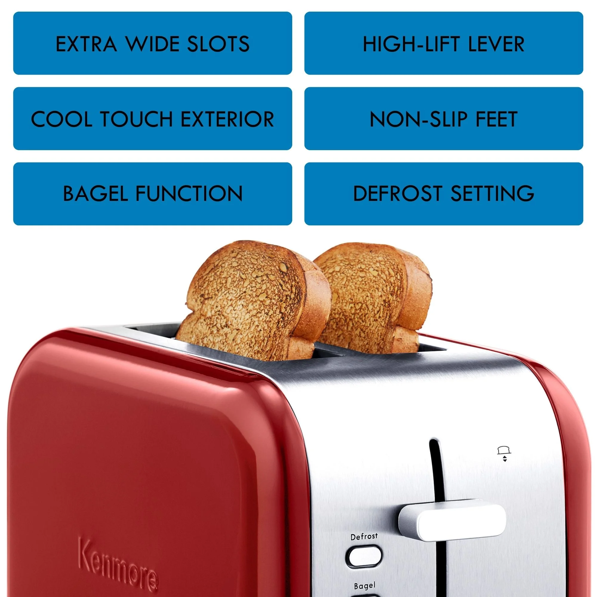 Kenmore 2 Slice Toaster Stainless Steel ,with Bagel, Cancel, Defrost Function and Extra Wide Slots Toasters ,Removable Crumb Tray, Red
