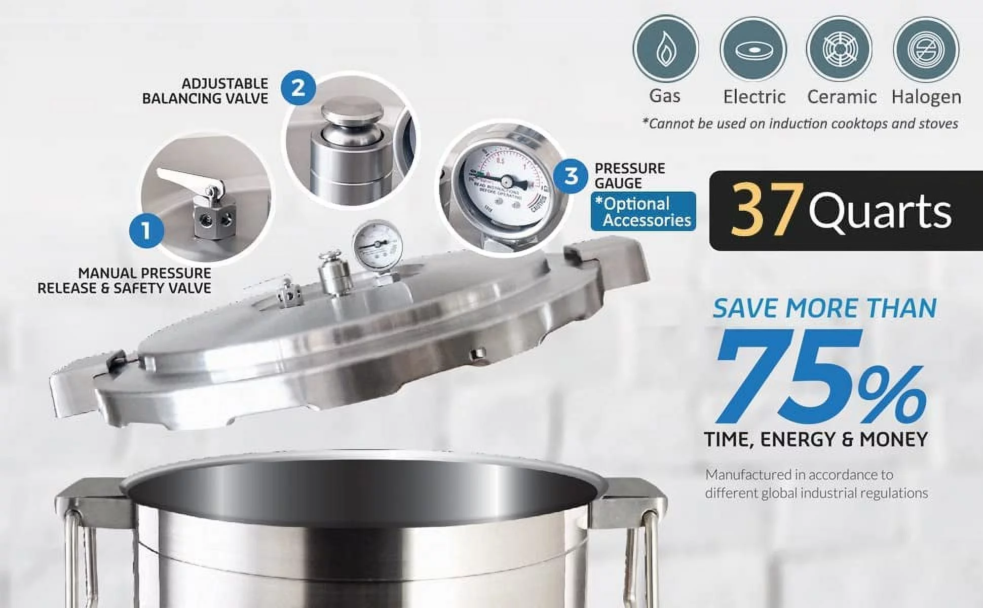 Buffalo QCP435 37-Quart Stainless Steel Pressure Cooker, Commercial large pressure cooker, large pressure canner, large kitchen appliance, steam rack included, removable parts easy to clean