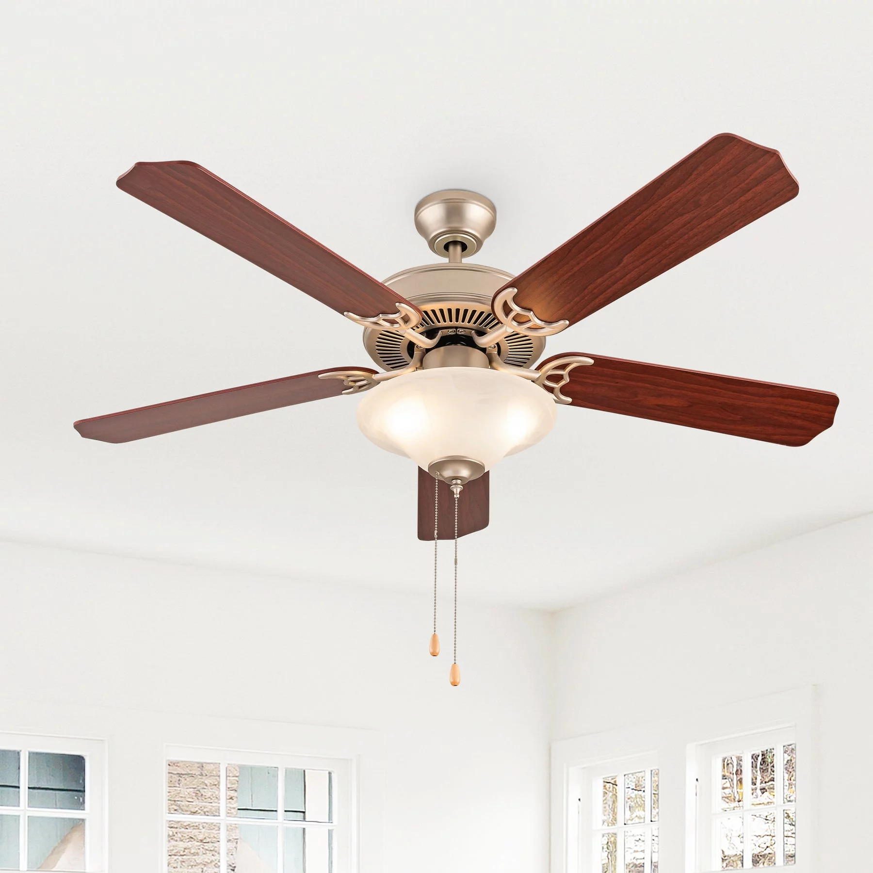 52' Classic Indoor Ceiling Fan with LED Light, Remote Control and Pull Chain, Reversible AC Motor, Walnut/Silver Reversible Blades and Satin Nickel Finish