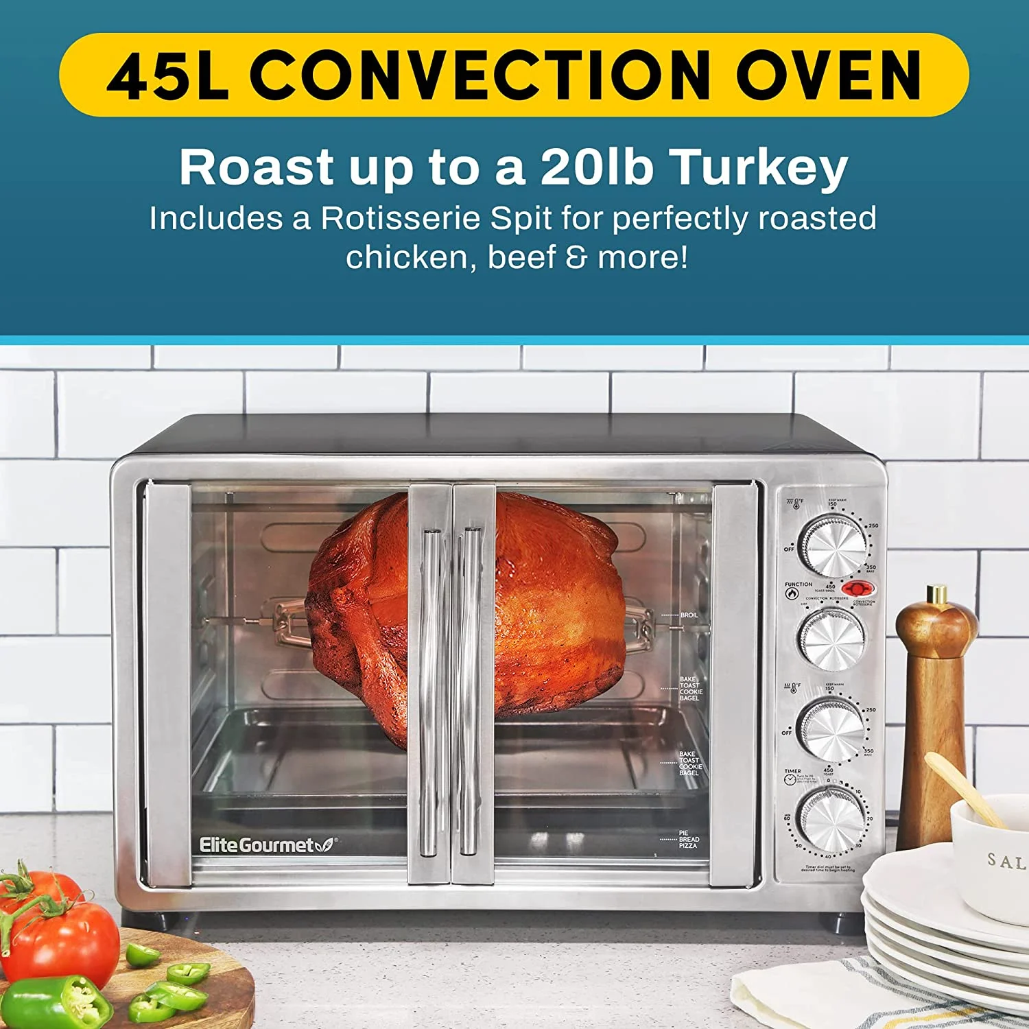 Elite Gourmet ETO-4510M French Door 47.5Qt, 18-Slice Convection Oven 4-Control Knobs, Bake Broil Toast Rotisserie Keep Warm, Includes 2 x 14' Pizza Racks, Stainless Steel