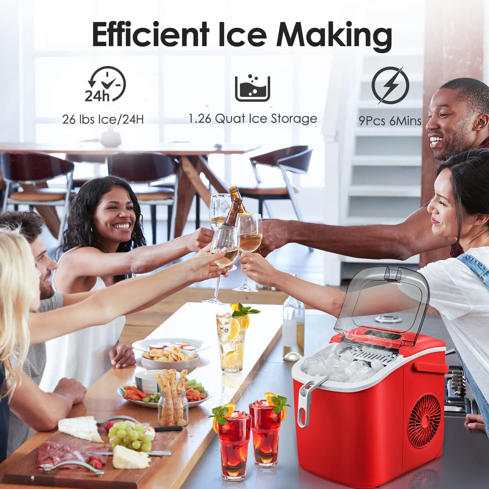 FREE VILLAGE Portable Ice Maker Machine with Handle,26Lbs/24H,Bullet-Shaped Ice Cubes Ice Machine for Home/Kitchen/Office/Party (Red)