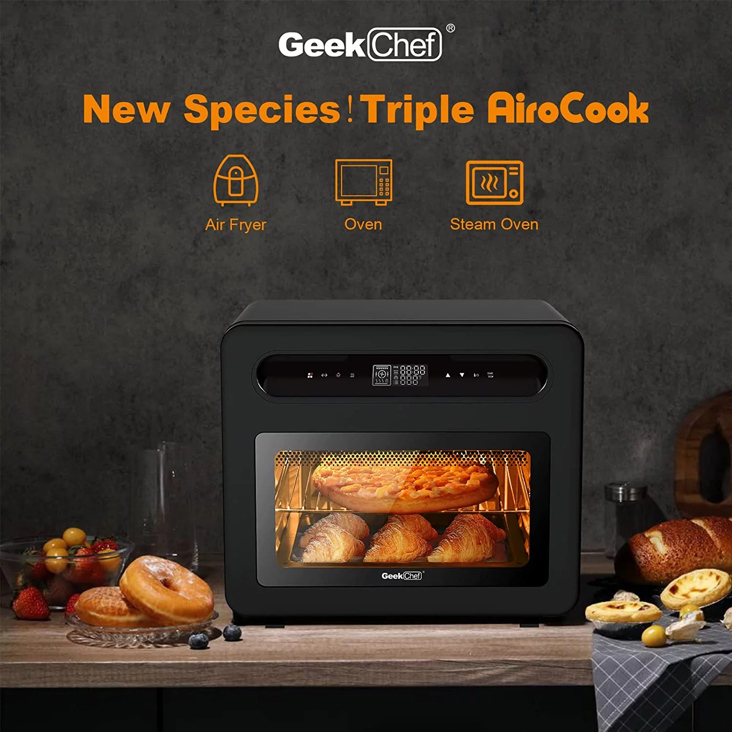 Geek Chef Air Fryer Toaster Oven, 50-in-1 Steam Countertop Convection Oven, 26QT Extra Large Capacity, Fit 12' Pizza, 6 Slices Toast, Rotisserie and Dehydrator, Pizza, Double-layer Glass Door