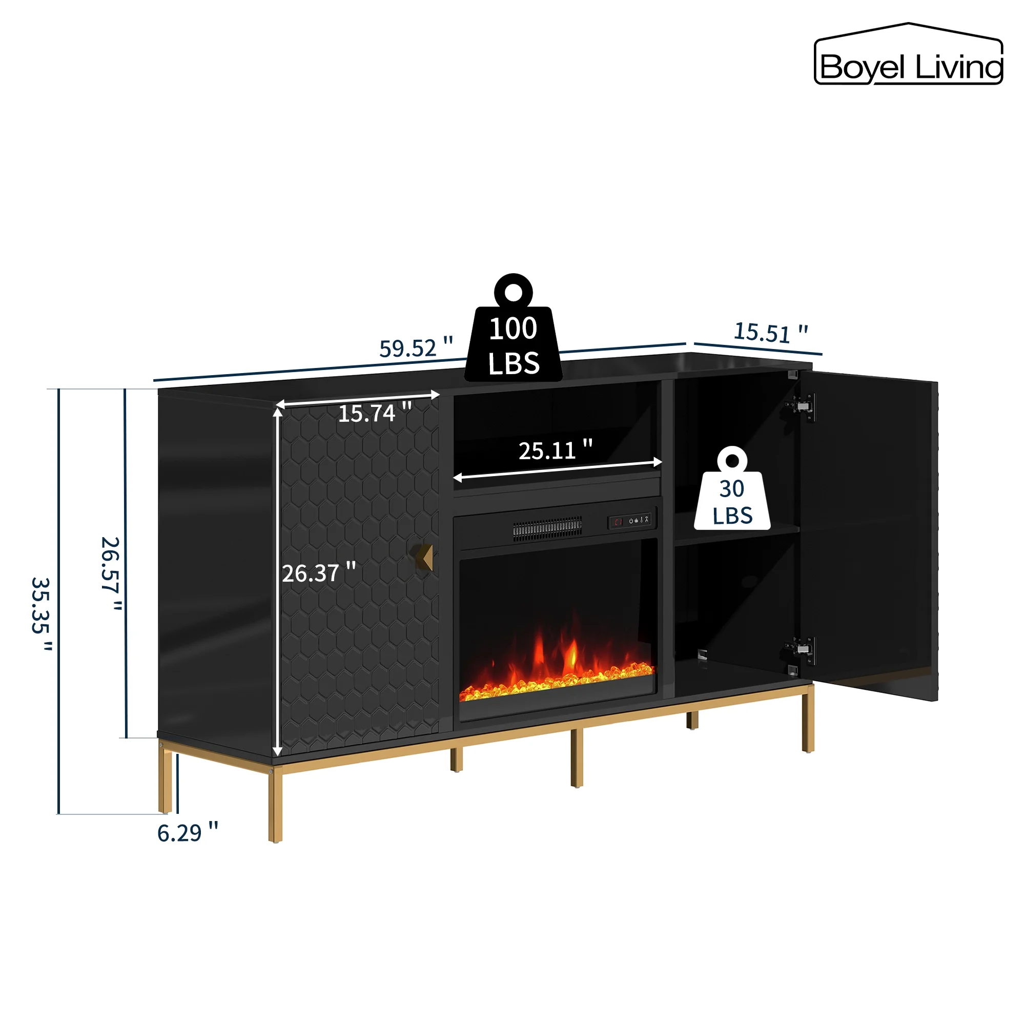 Boyel Living 59' Fireplace TV Stand, Entertainment Center with Storage Cabinet TV Console with 23' Electric Fireplace, Black