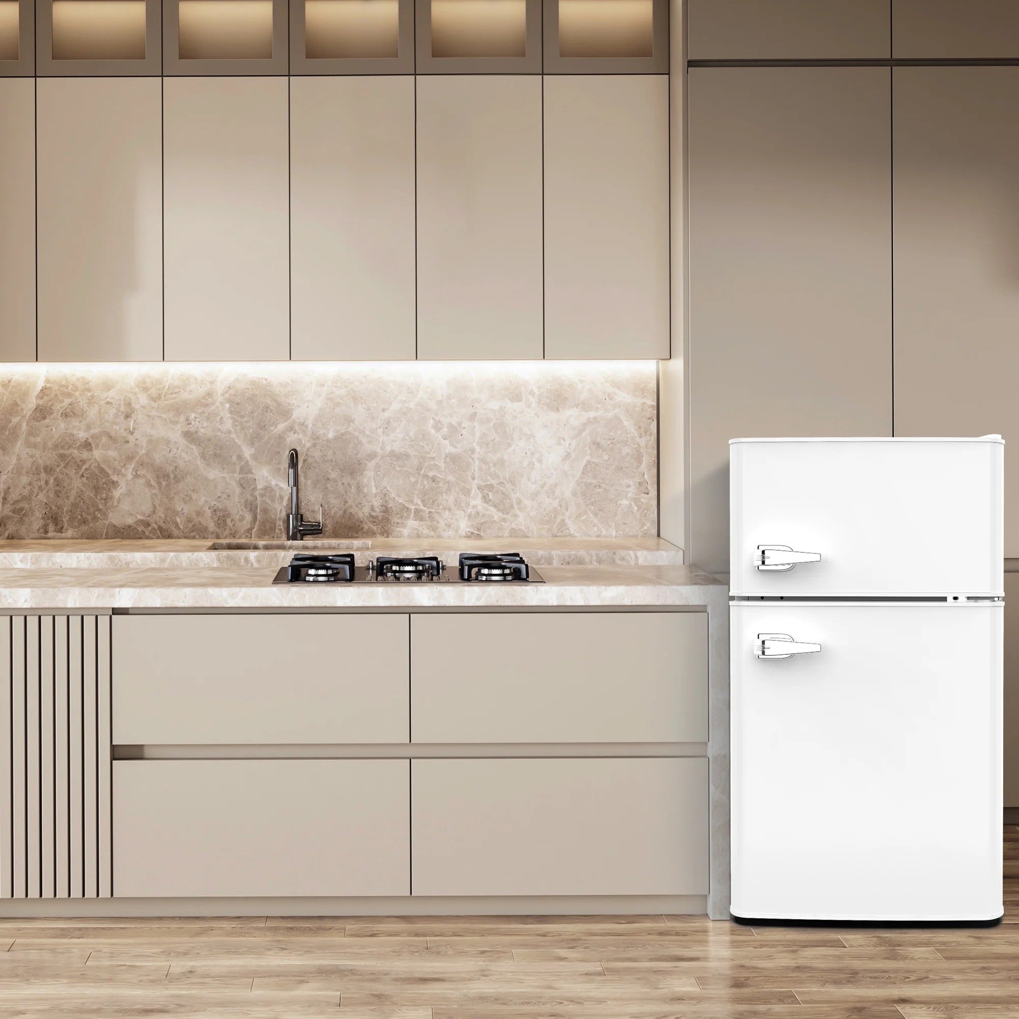 Besttey 3.1Cu.ft Two Door Mini Fridge with Freezer, Stainless Steel, Compact Size & Low Noise Defrost, 20'' Wide, White