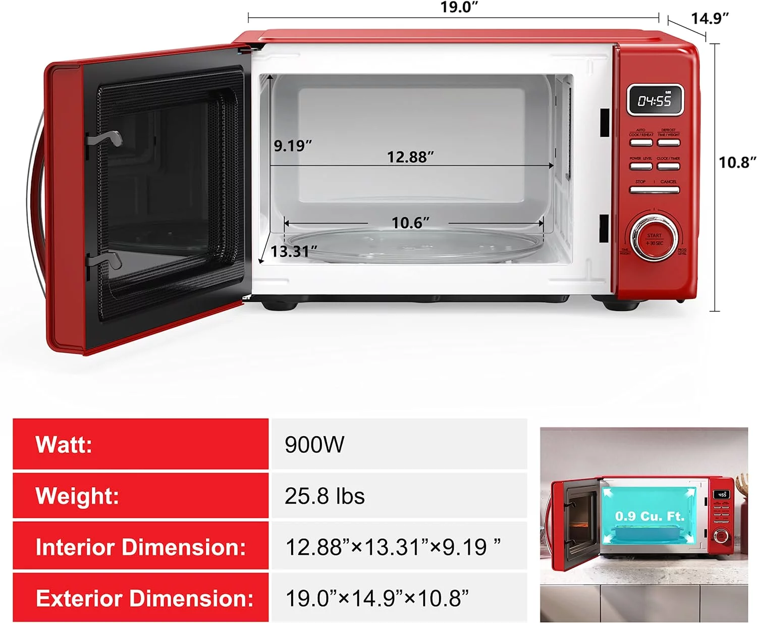 Galanz Retro Countertop Microwave Oven with Auto Cook & Reheat, Defrost, Quick Start Functions, Easy Clean with Glass Turntable, Pull Handle, .9 cu ft, Red