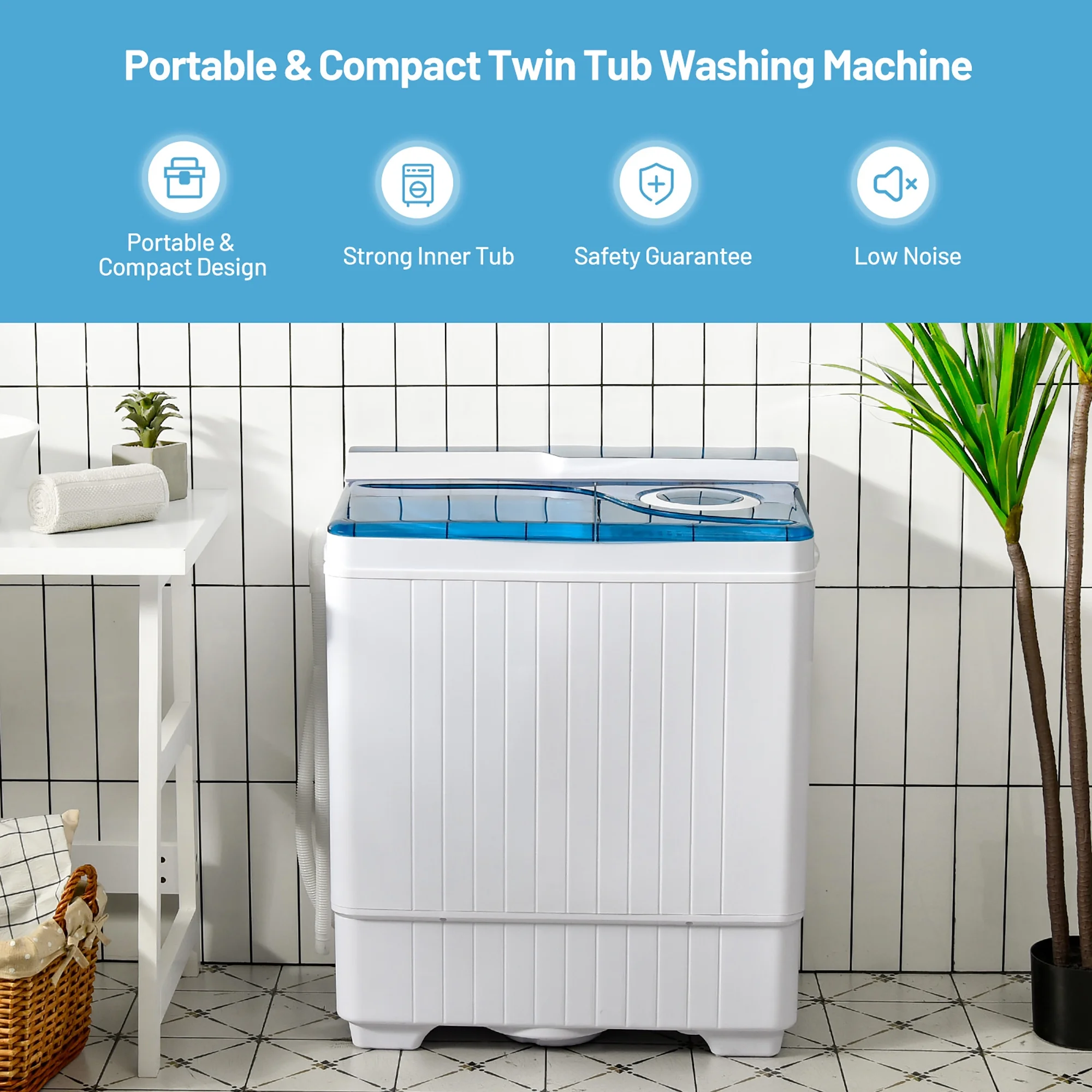 Costway 26lbs Portable Semi-automatic Washing Machine W/Built-in Drain Pump Blue