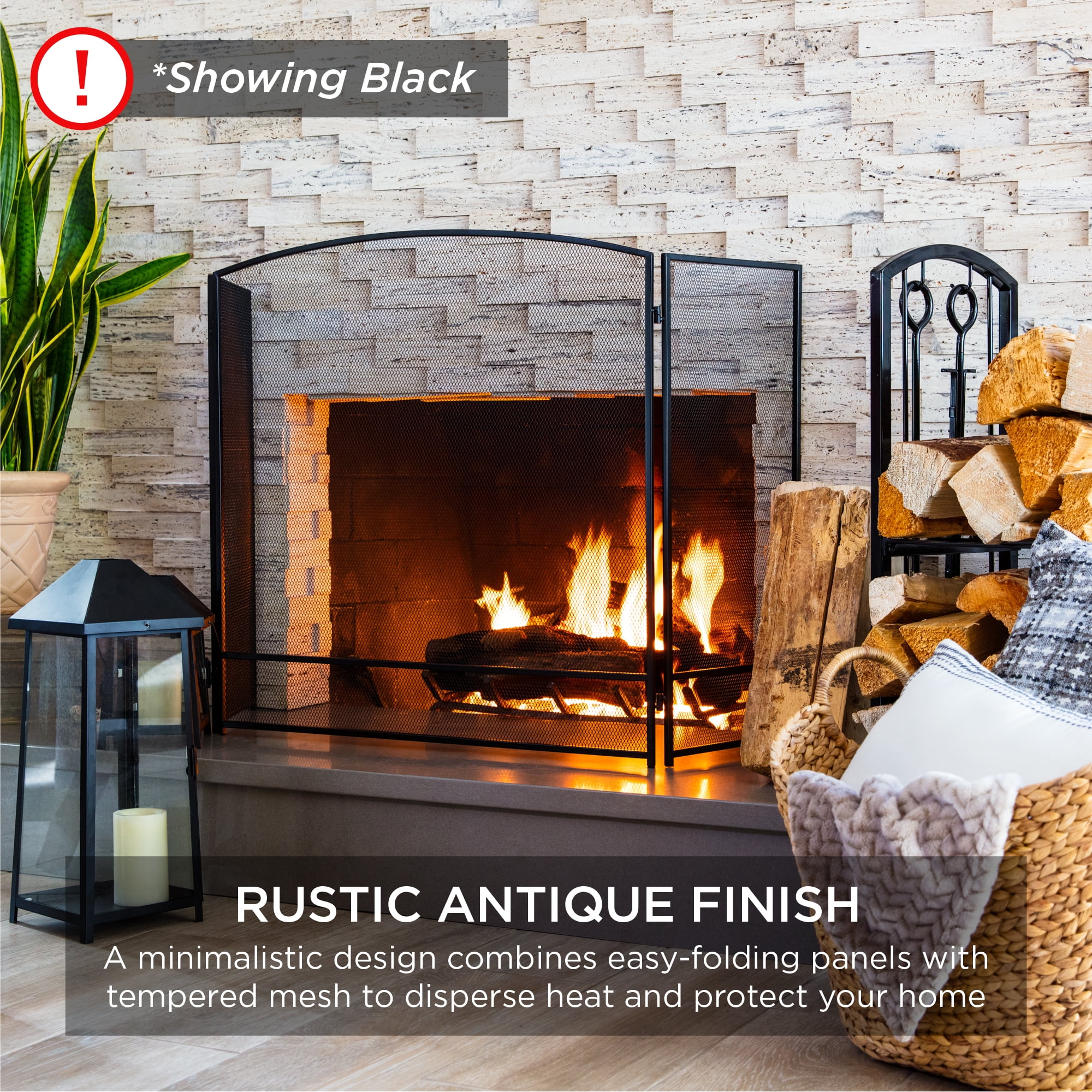 Best Choice Products 54.25x30.25in 3-Panel Steel Mesh Fireplace Screen, Spark Guard w/ Rustic Worn Finish - Black