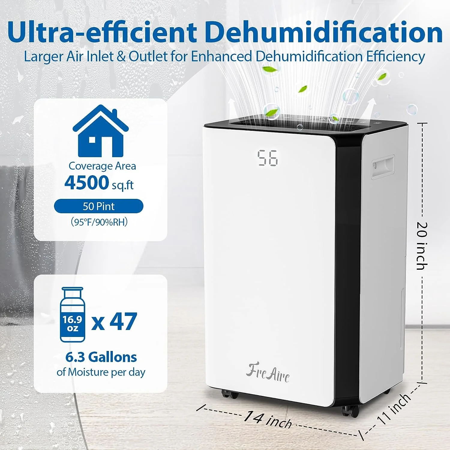 FreAire? 4,500 Sq. Ft. Dehumidifier for Basement Home | 50 Pint Dehumidifiers with Auto or Manual Drainage for Large Room Bedroom Bathroom | 24H Timer | Humidity Control | 3 Operation Modes White