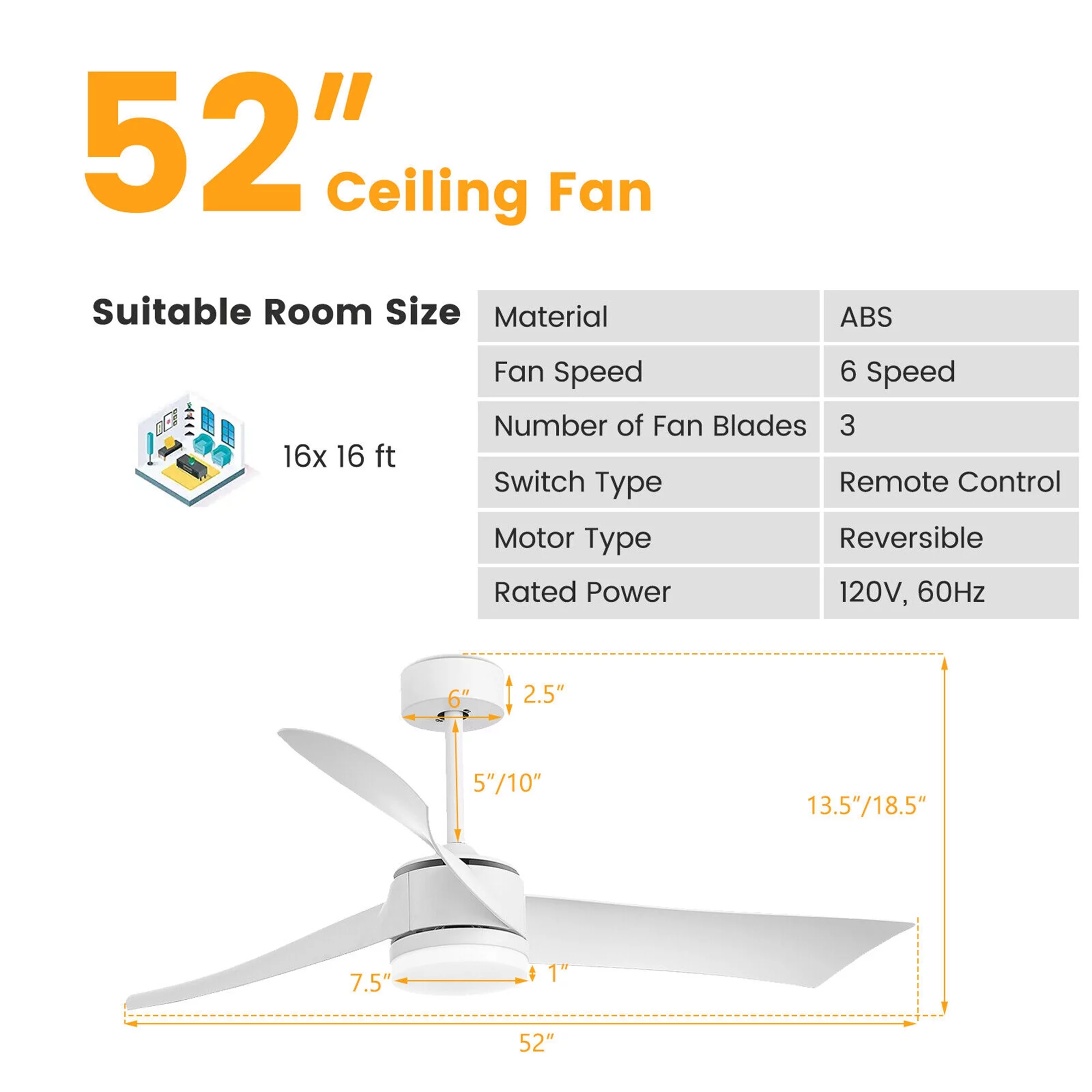 Gymax 52'' Reversible Ceiling Fan with Light 2700K/4200K/6500K LED Ceiling Fan White