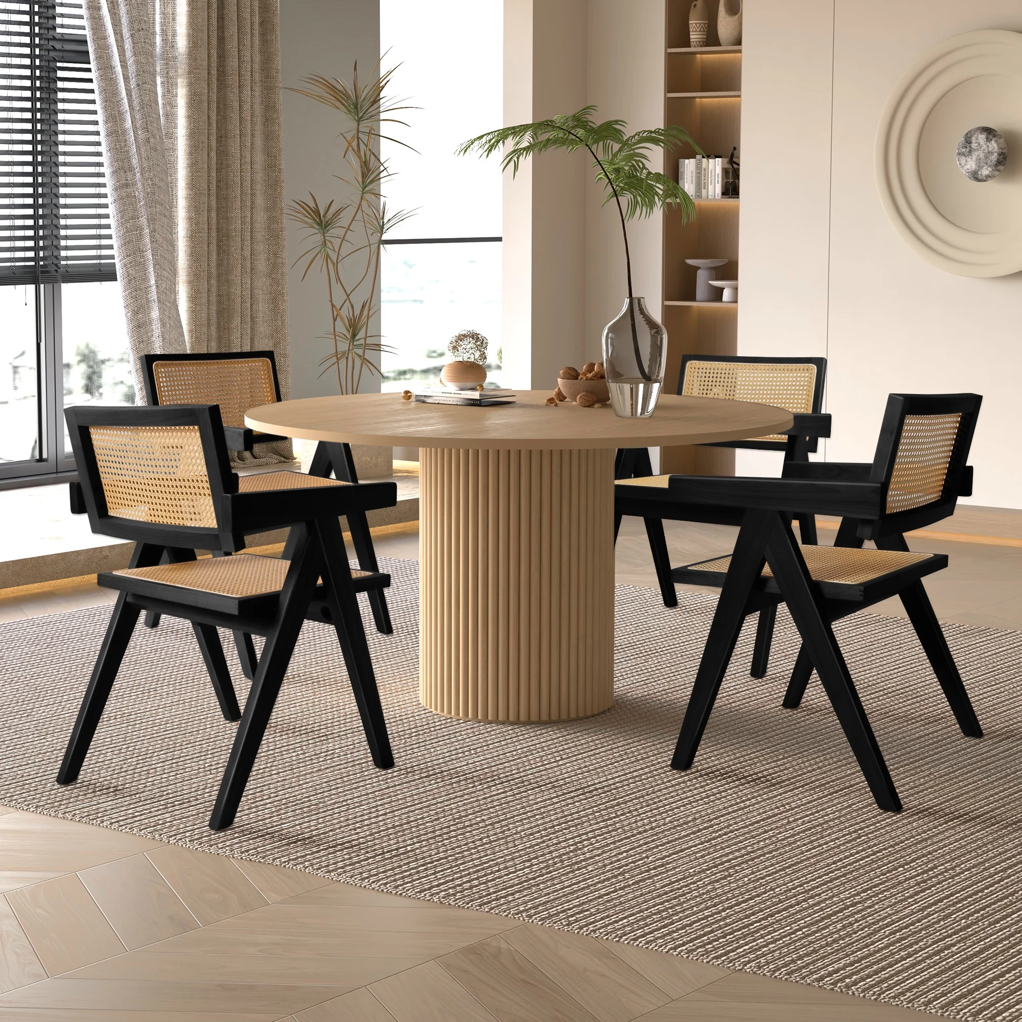 Kithkasa Rattan Dining Chairs for Dining Room,Solid Wood Finish with Armrest,Set of 2,Black