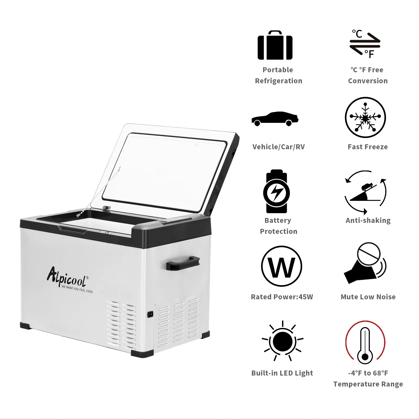 Alpicool C40 Portable Refrigerator 12 Volt Car Freezer 42 Quart(40 Liter) Vehicle,Truck, RV, Boat, Compact Freezer for Travel, Outdoor -12/24V DC and 110-240V AC (Black and Silver)