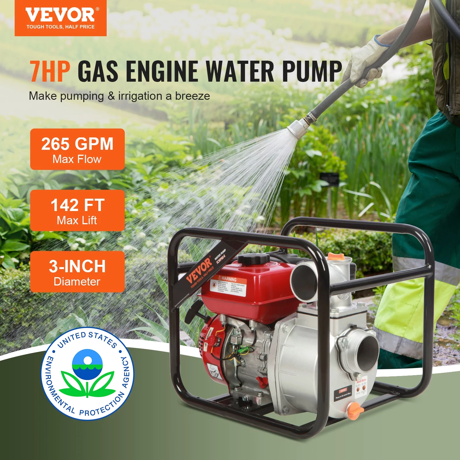 BENTISM 3' 7HP 4-Stroke Gasoline Engine Water Pump Gas Powered Water Transfer Pump