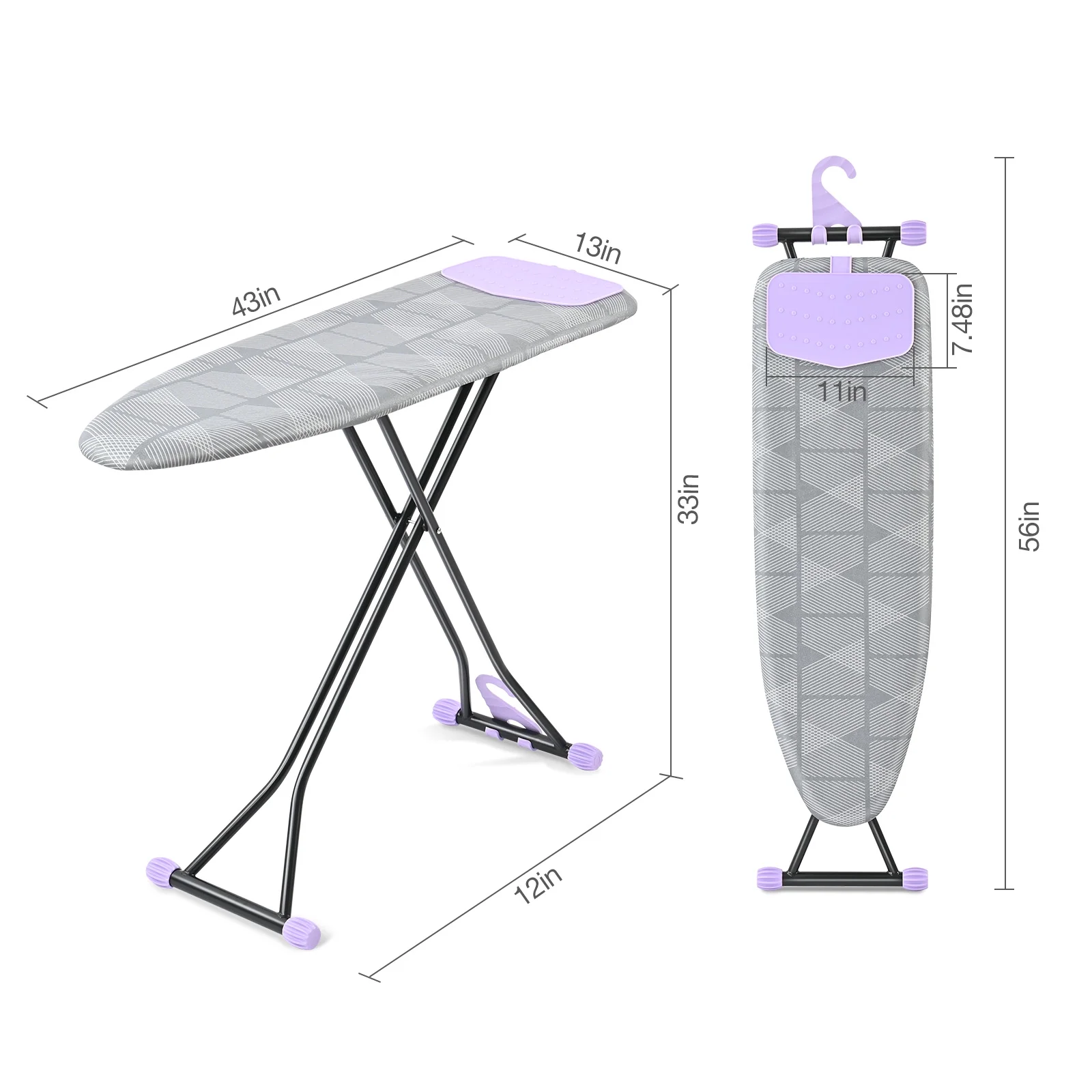 KK KINGRACK Ironing Board, Iron Board Full Size with Hanger & Rotating Nonslip Feet, 7 Level Height Adjustable, 43x13 in, Gray