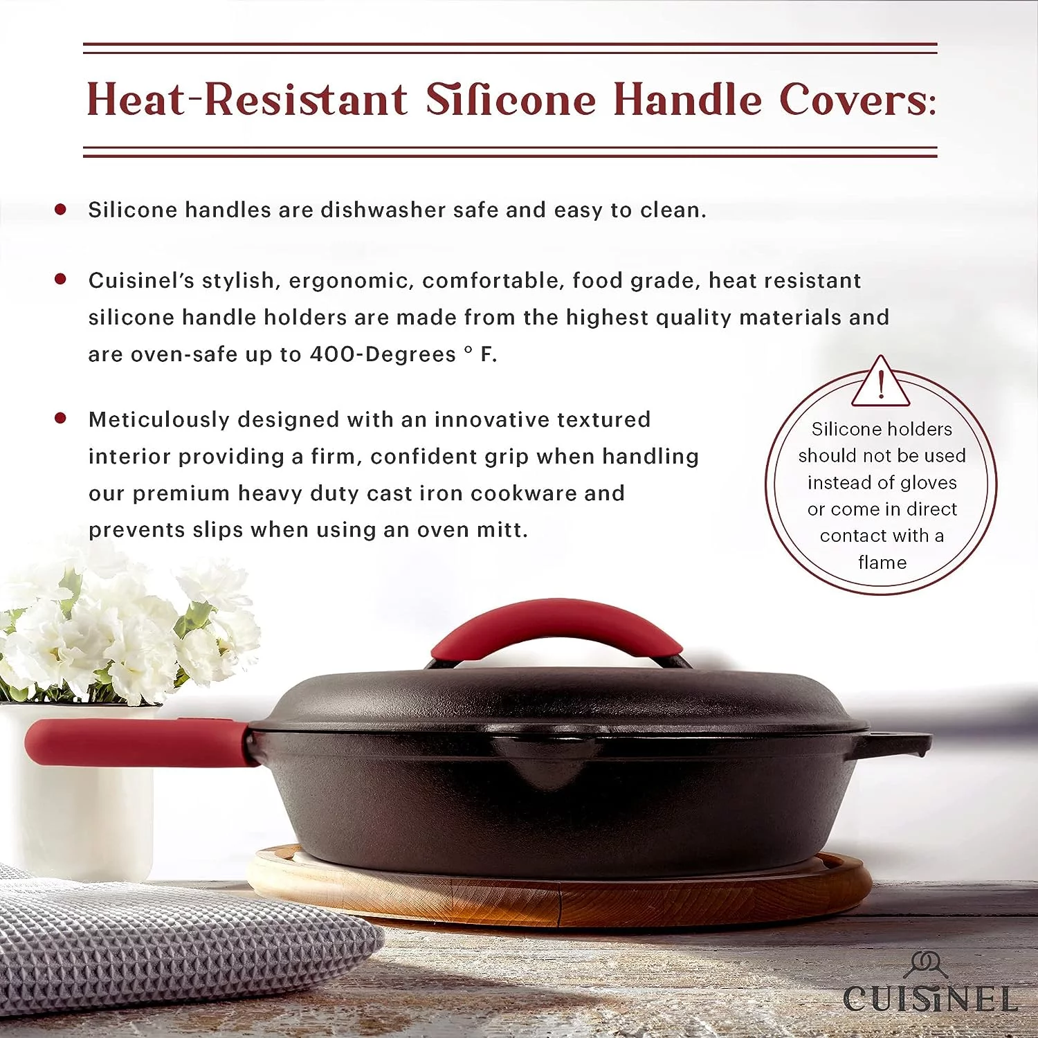 Cast Iron Skillet with Lid - 12'-inch Pre-Seasoned Covered Frying Pan Set + Silicone Handle & Lid Holders + Scraper/Cleaner - Indoor/Outdoor, Oven, Stovetop, Camping Fire, Grill Safe Kitchen Cookware