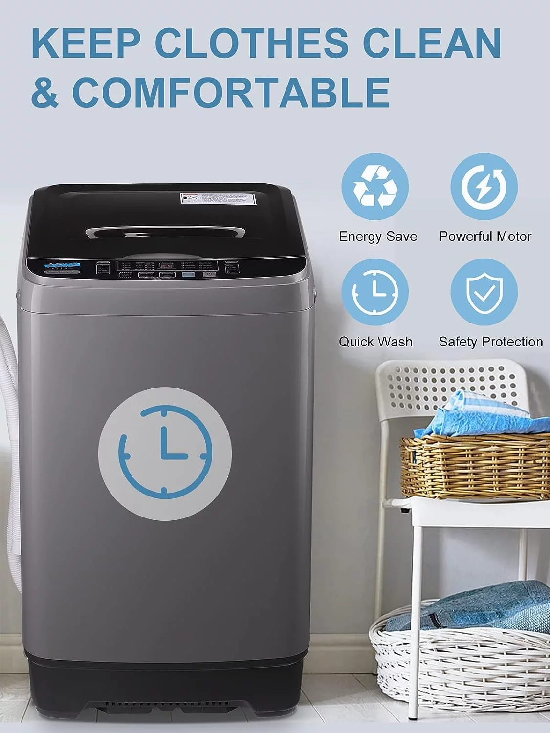 KRIB BLING 17.7 lbs Full Automatic Washing Machine with LED Display Compact Washing Machine with Drain Dump, 10 Wash Programs and 8 Water Levels Ideal for Dorms, Apartments, Grey