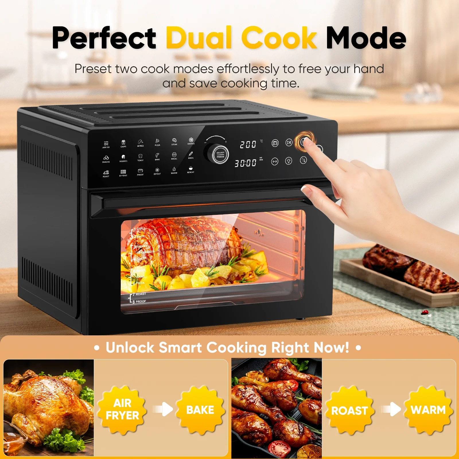 32 QT Digital Toaster Oven Air Fryer Combo, 360�� Hot Air Circulation for Healthier Food, 1800W Preset Dual Cook Function, 20-in-1 Smart Double-Rack Cook Oven, 7 Accessories, Intuitive Transparent Door