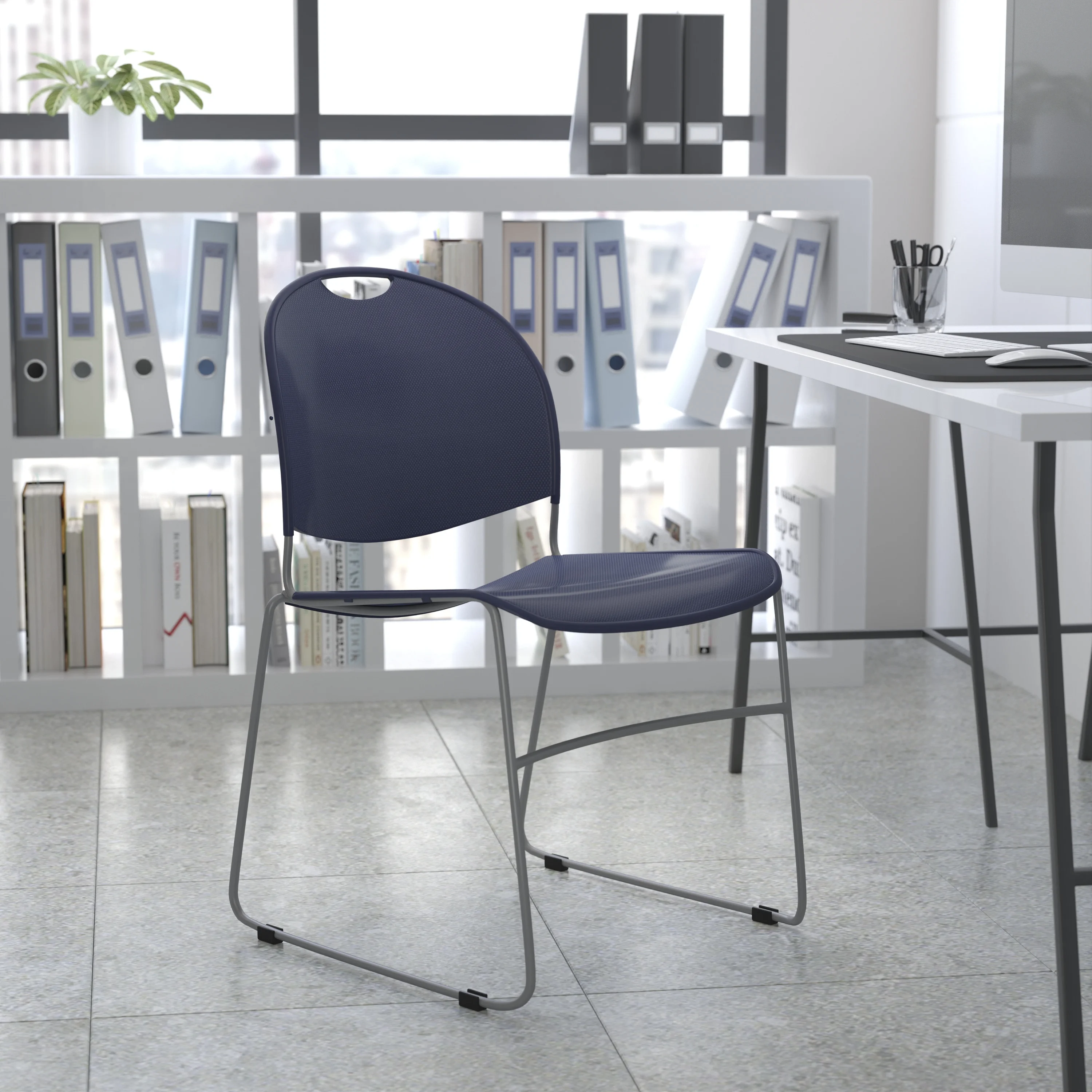 Flash Furniture HERCULES Series 880 lb. Capacity Navy Ultra-Compact Stack Chair with Silver Powder Coated Frame
