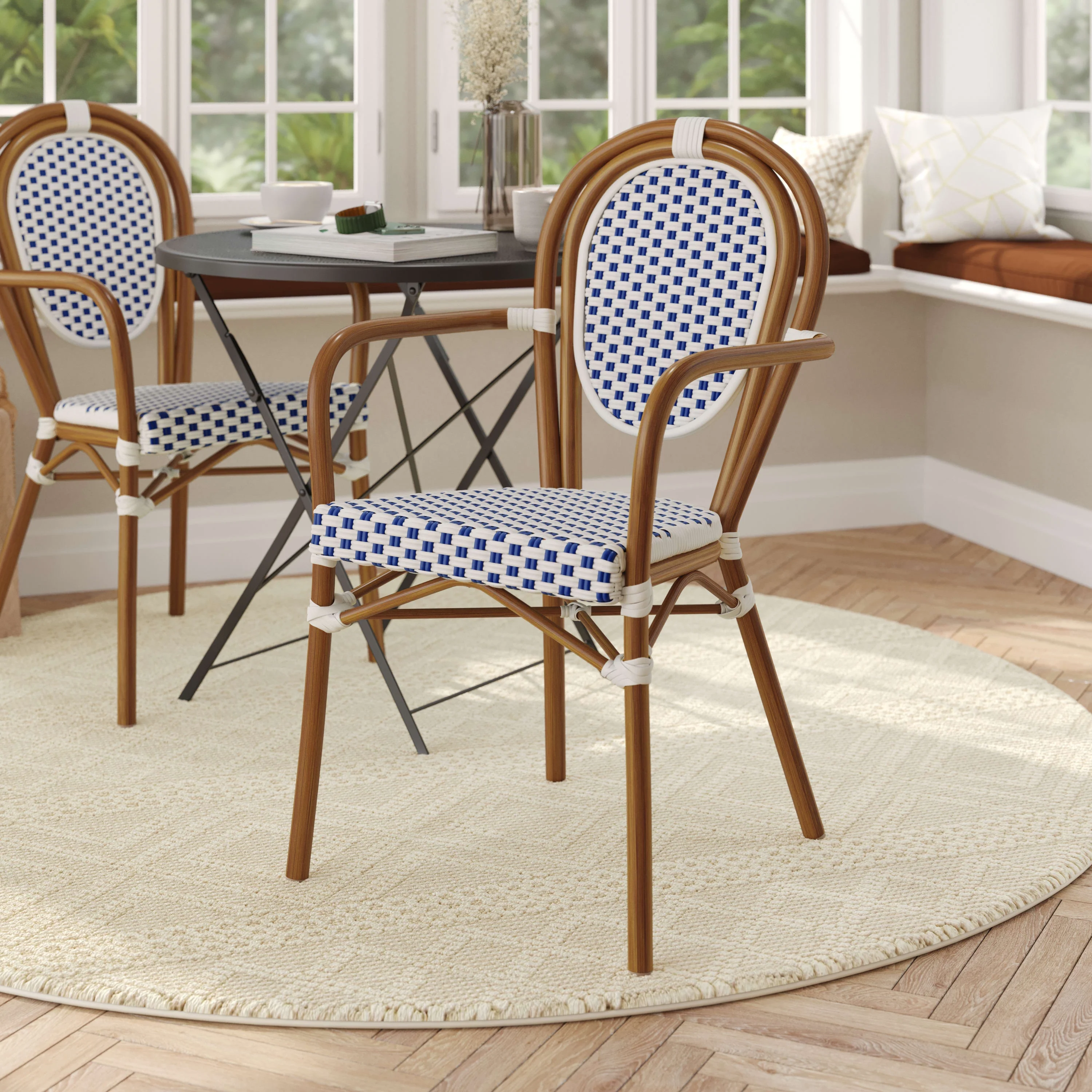 Flash Furniture Indoor/Outdoor Commercial Thonet French Bistro Stacking Chair with Arms, White and Navy PE Rattan and Bamboo Print Aluminum Frame in Natural