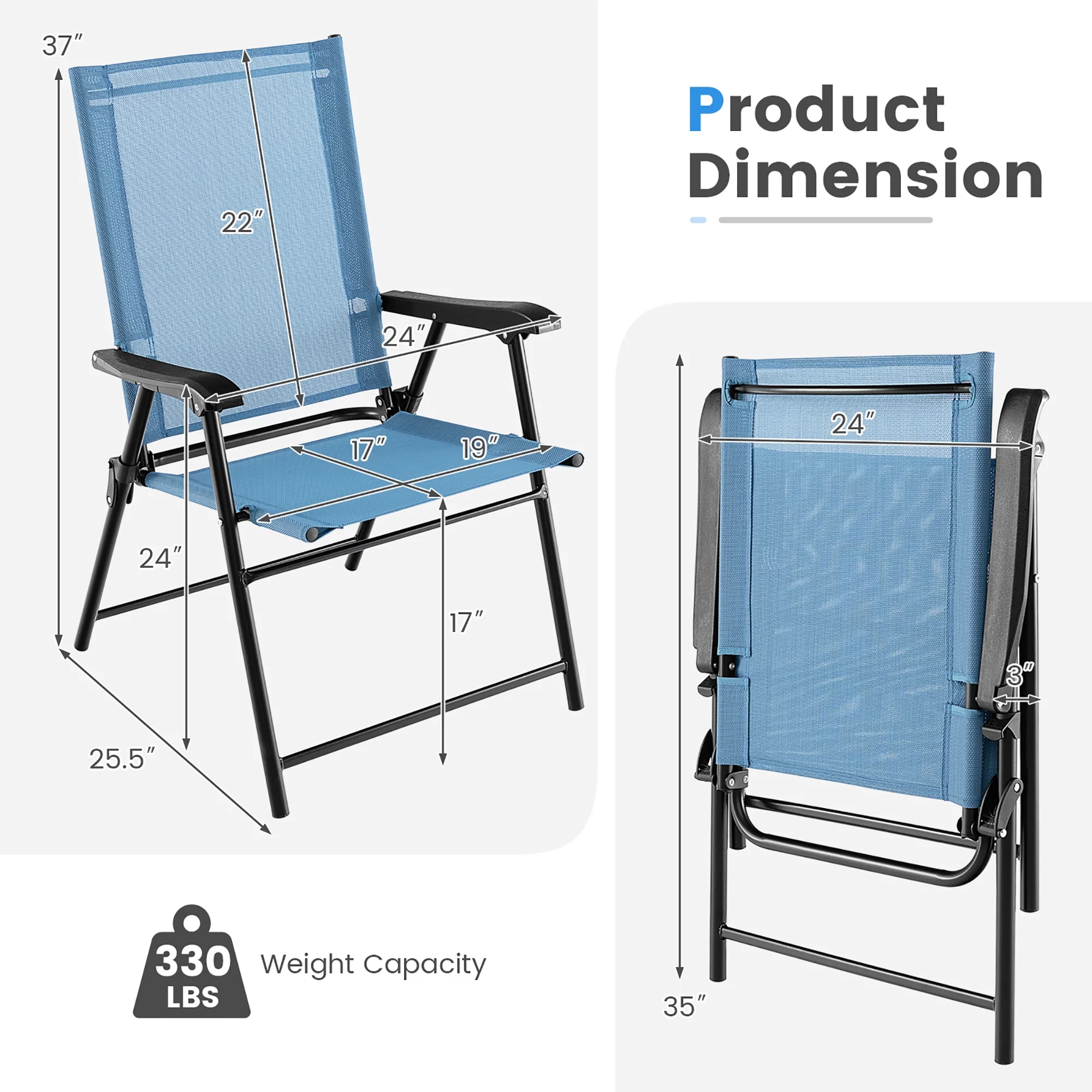 Gymax Set of 2 Patio Folding Chairs Outdoor Portable Pack Lawn Chairs w/ Armrests Blue