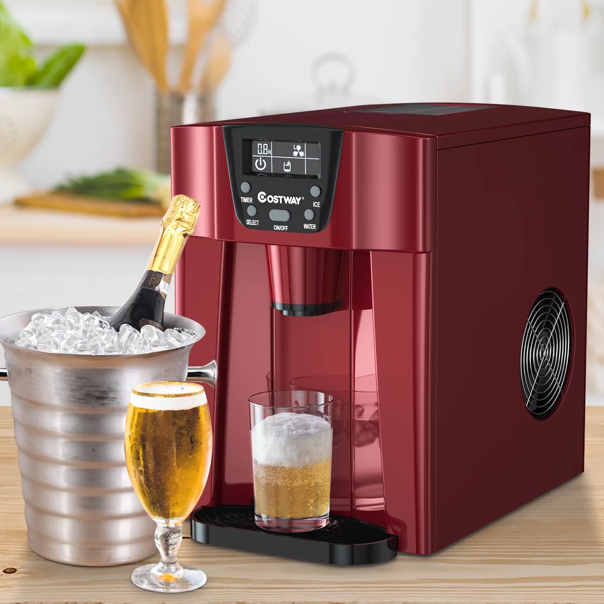 Costway 2 In 1 Ice Maker Water Dispenser Countertop 36Lbs/24H LCD Display Portable Red