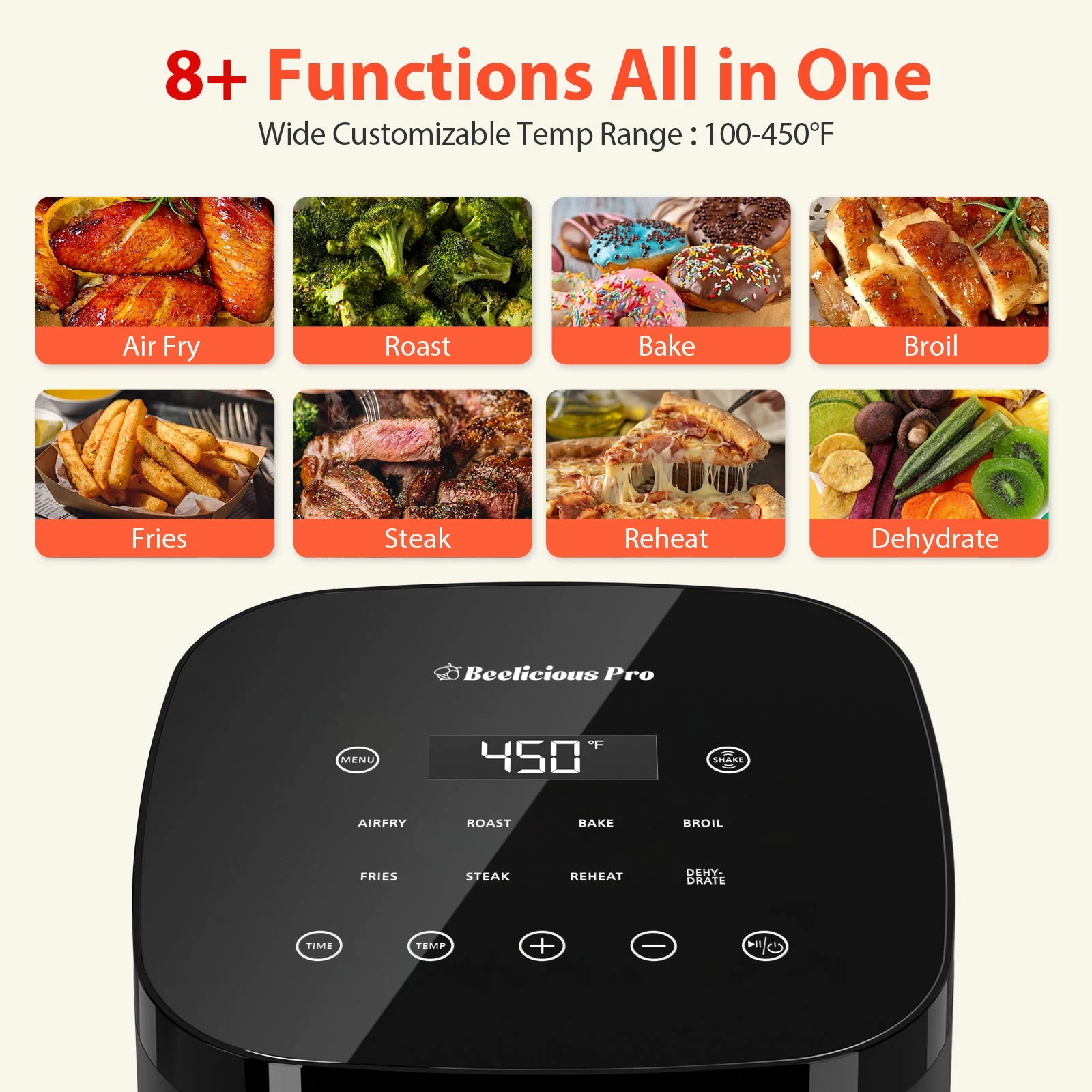 Beelicious Air Fryer, 8-in-1 Smart Compact 4QT Air Fryers with Shake Reminder, 450��F Digital Airfryer with Flavor-Lock Tech, Tempered Glass Disaplay, Dishwahser-Safe&Nonstick, Fit for 2-4 People,Black