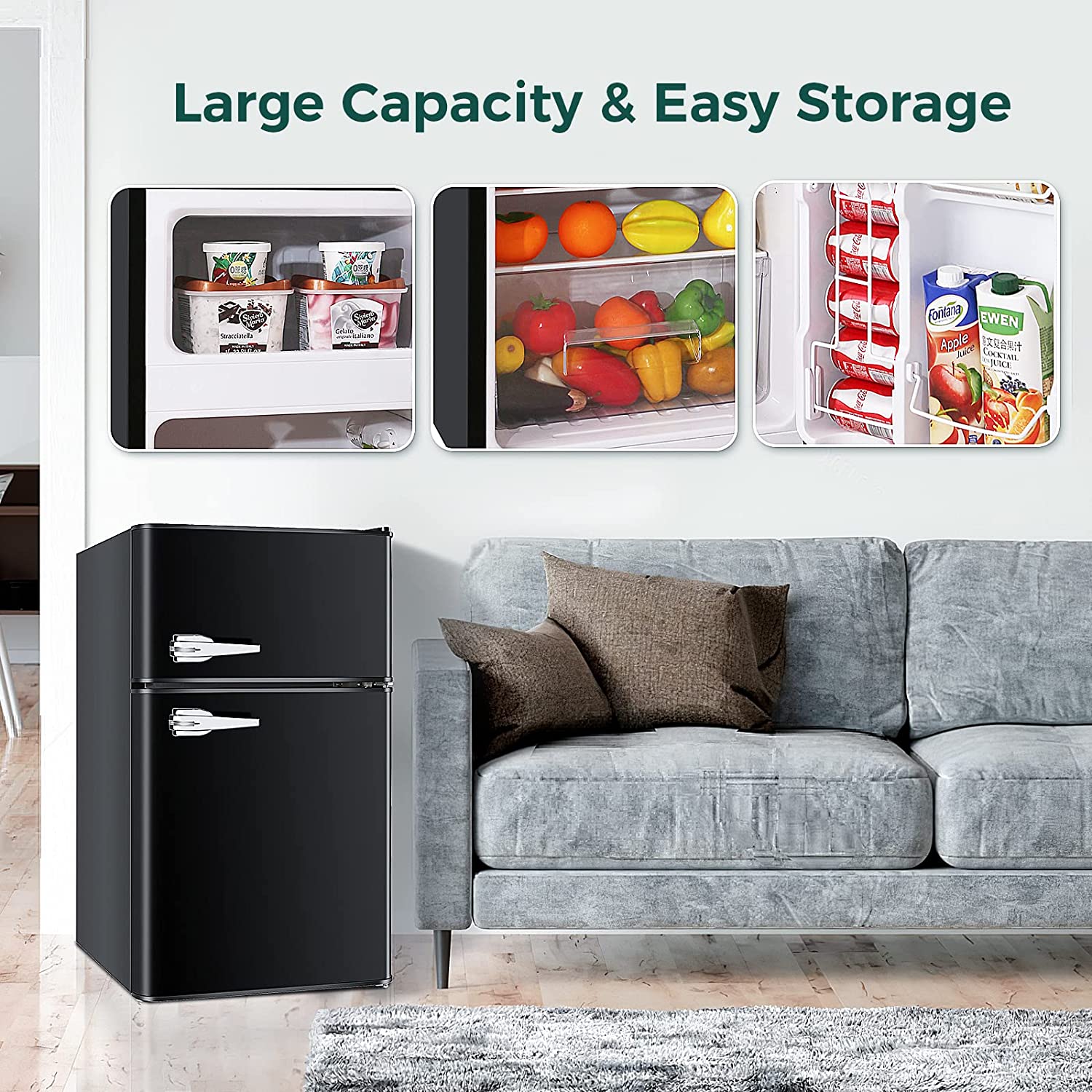 FREE VILLAGE 3.2 Cu.Ft Double Door Mini Fridge with Freezer, Compact Refrigerator for Home,Office, Dormitory or Apartment - Beer Cooler, Food Storage (Black)