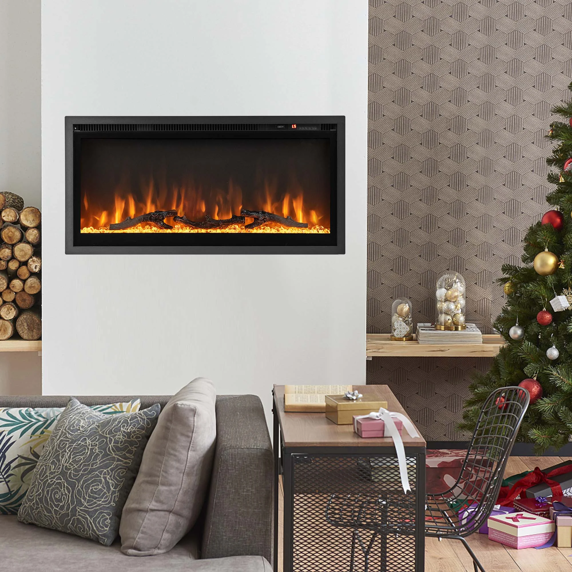 Costway 36'' Electric Fireplace Recessed Wall Mounted Freestanding with Remote Control