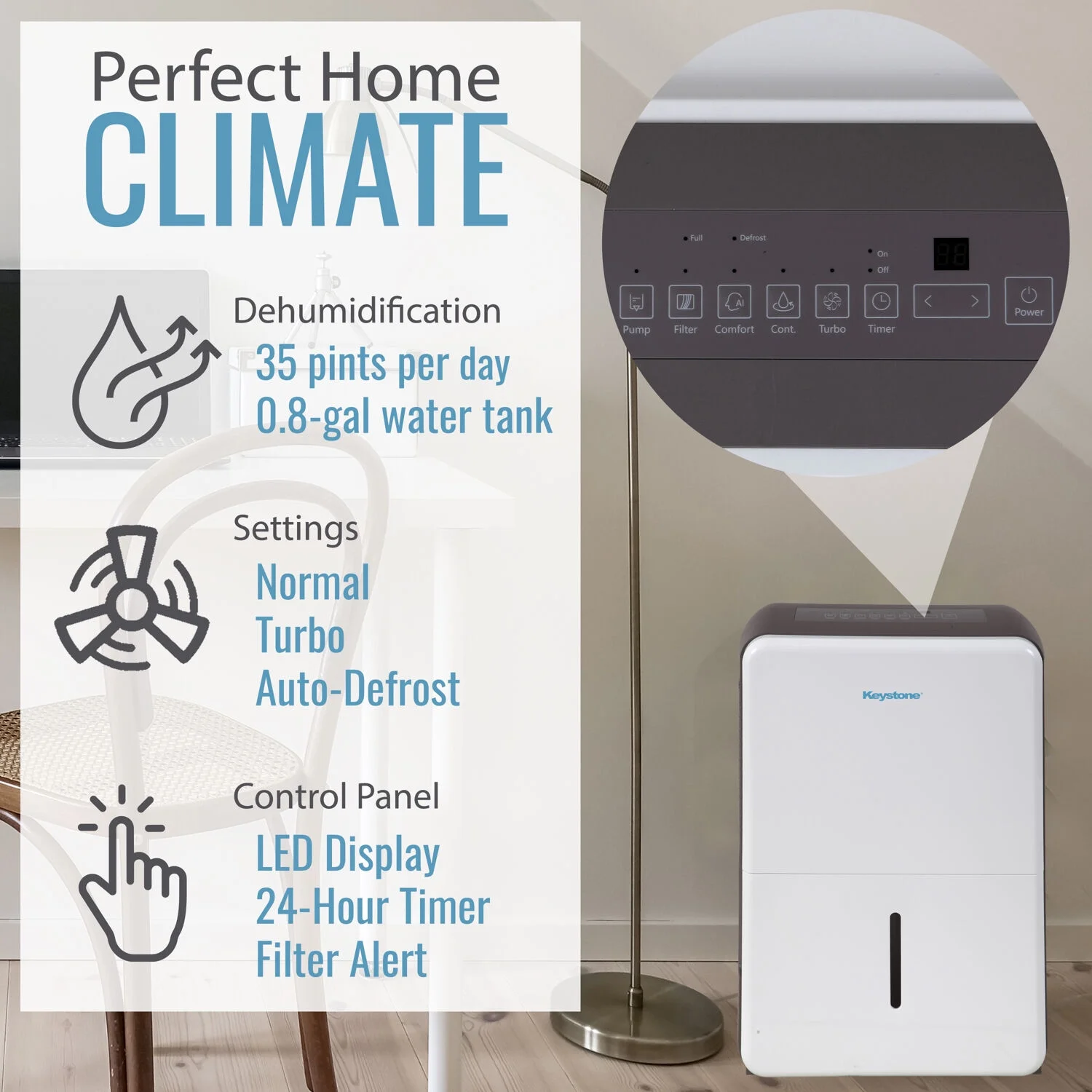 Keystone 35 pt 3,000 sq ft Dehumidifier in White - Energy Efficient, Bucket Full Indicator
