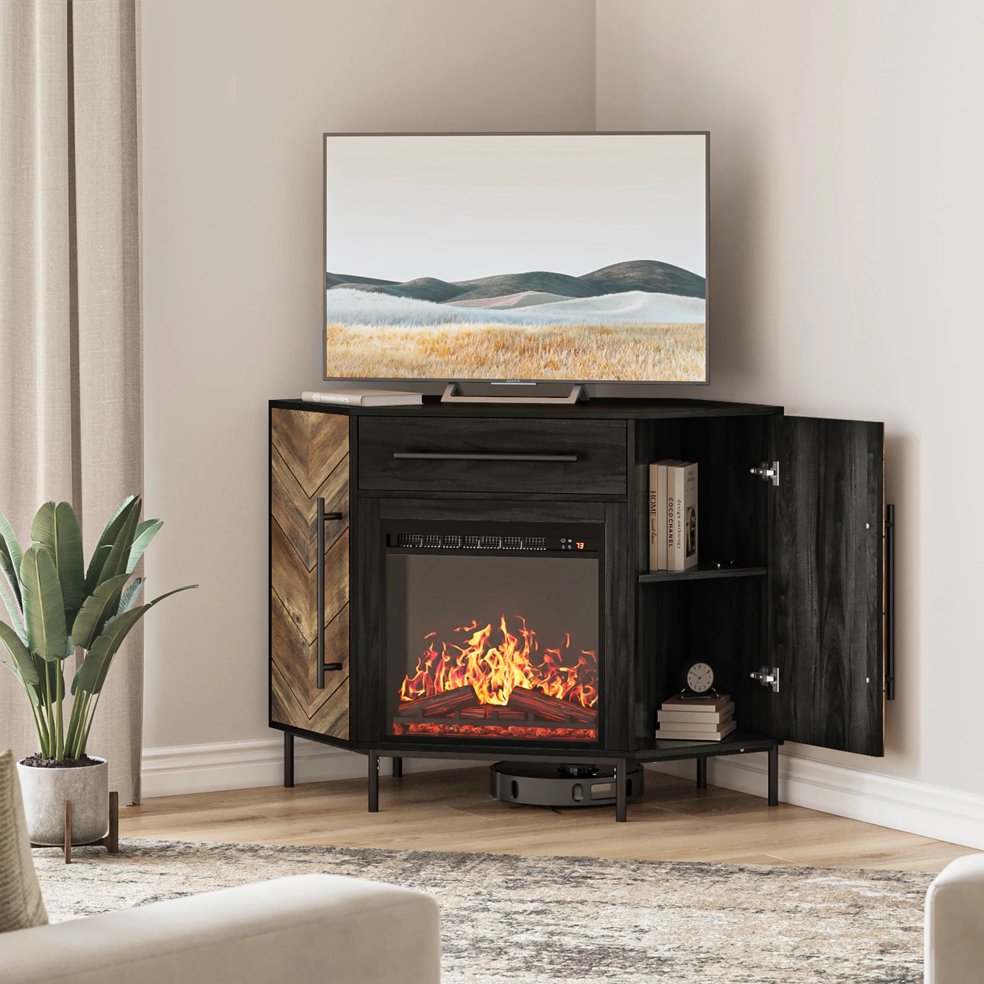 BELLEZE Corner TV Stand with 18 Inch Electric Fireplace, Media Console Table for TVs up to 43 Inches, Entertainment Center with Storage Cabinet for Living Room, Bedroom - Harper (Black Ebony)