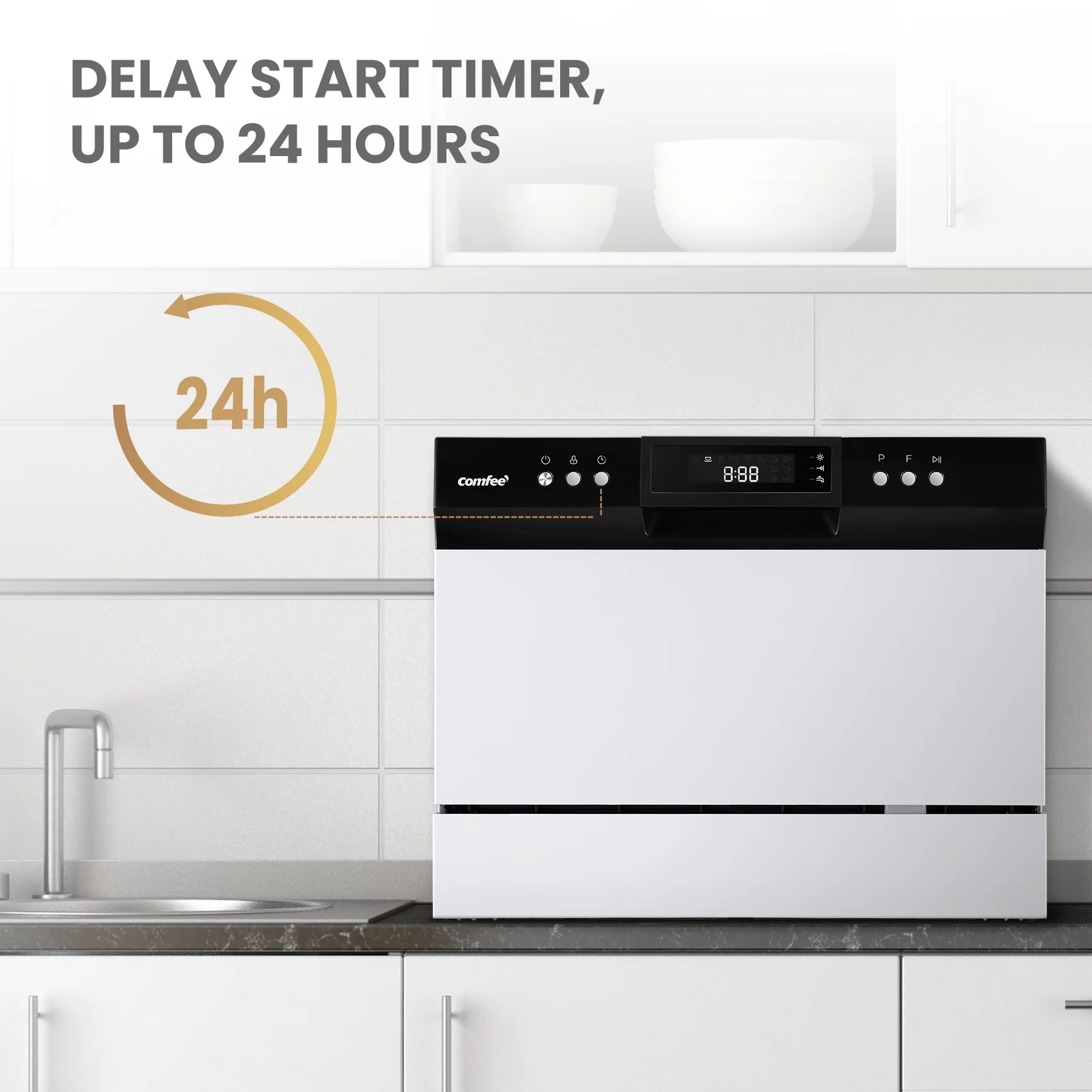 Comfee 6-Place Setting EnergyStar Compact Countertop Dishwasher with 8 Cleaning Settings, CDC22P1AWW, White