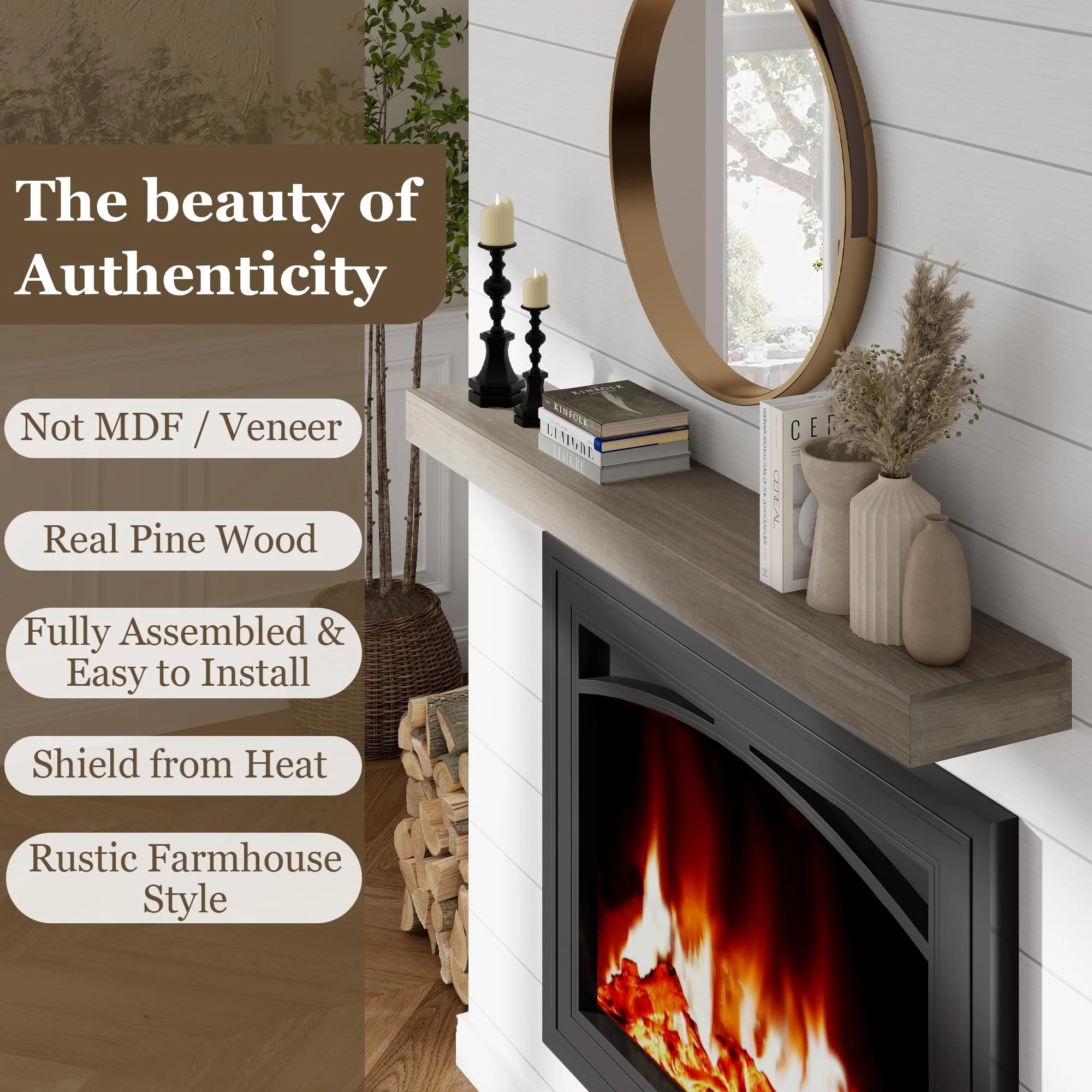 48in.Solid Wood Fireplace Mantel Wall Shelves Wall Mounted Floating Shelf 48'W x 3'H x 8'D, Ash Gray