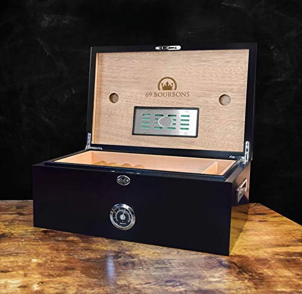 69Bourbons Cigars Humidor- Humidor Cigar Box for 150 Cigars- Cigar Box Gift for Smokers - Travel Humidor in Dark Madagascan Ebony Wood Exterior, Locking Box and Exterior Hygrometer for Cigar Humidor