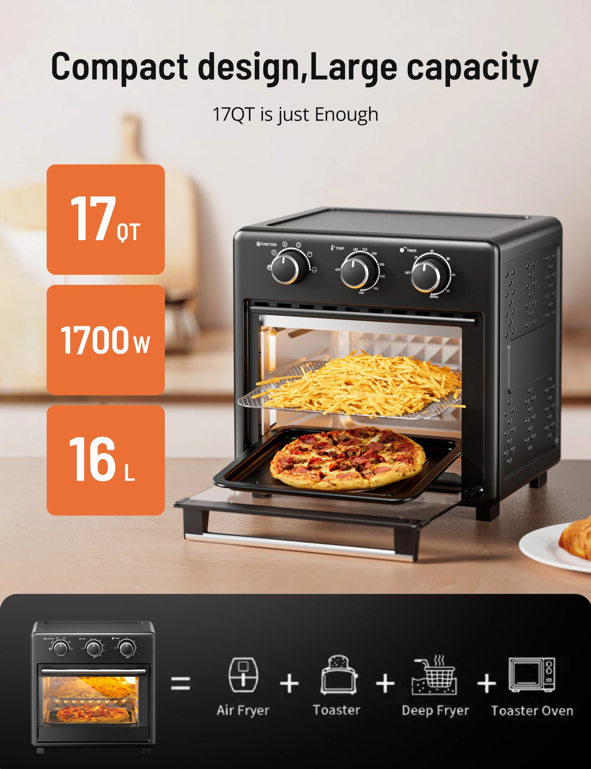 Air Fryer Toaster Oven, 17 QT Air Fryer with 180��-450��F Temp Controls, Black