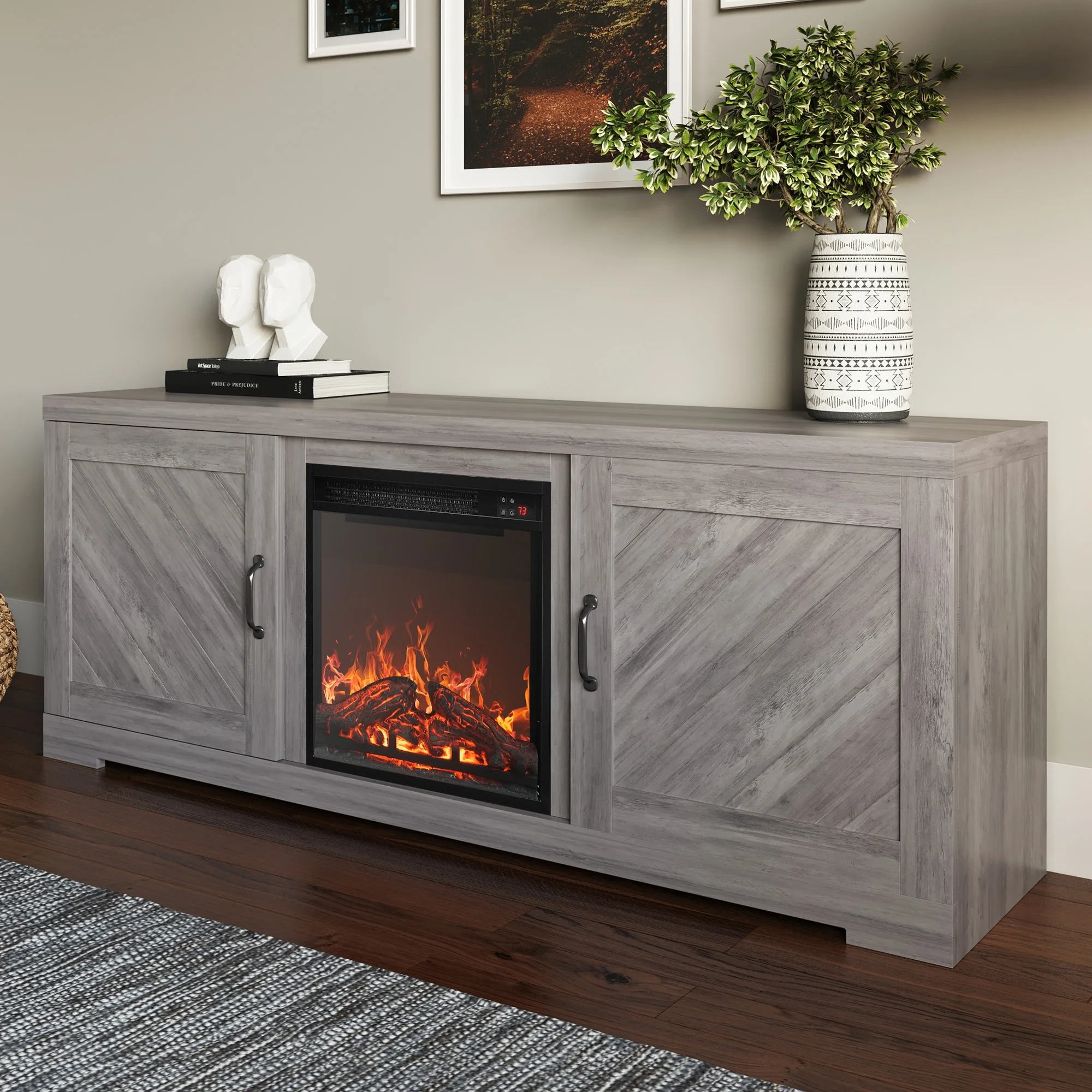 BELLEZE 58' Farmhouse TV Stand Media Entertainment Center For TVs up to 65' with 18' Fireplace - Hilo (Gray Wash)