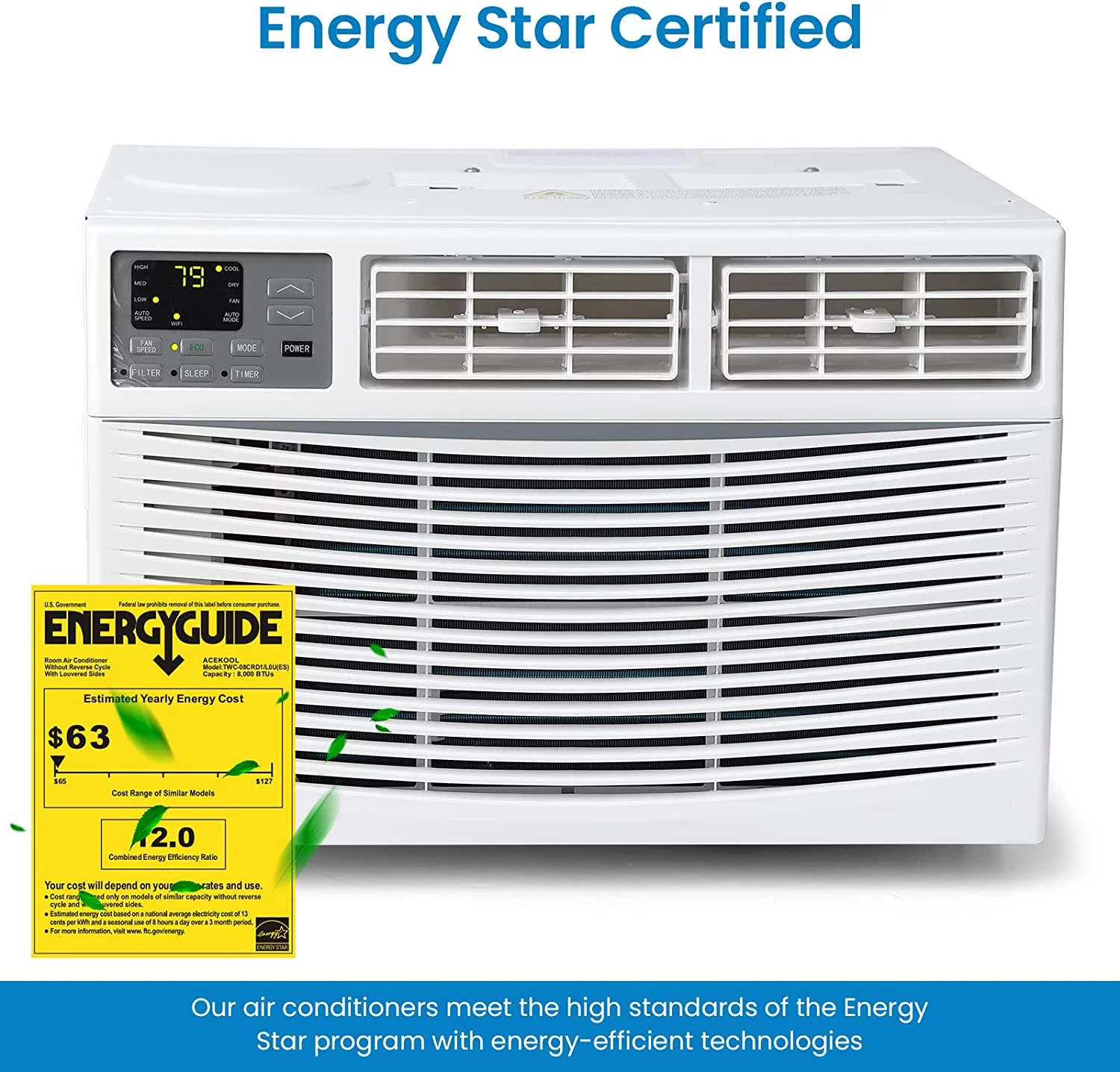 8000 BTU Turbo Fast Cooling Air Conditioner with Remote and App Control, Flexible Window Opening with T-Design Install Kit, Auto-Restart, 3 Cooling and Fan Speeds, White