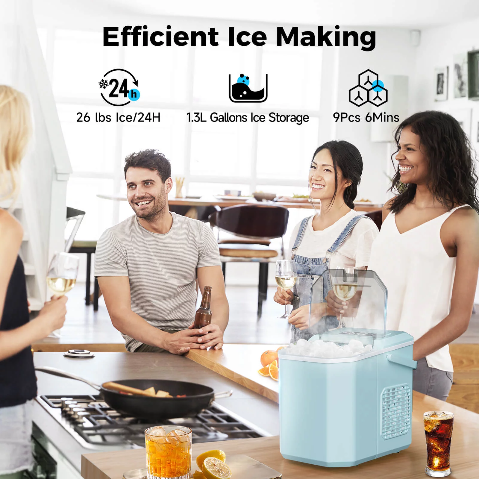 FREE VILLAGE Countertop Ice Maker with Handle,26Lbs/24H Bullet-Shaped Ice Cubes, Self-Cleaning Ice Machine with Ice Bags, Scoop, and Basket for Home/Kitchen/Party(Green)
