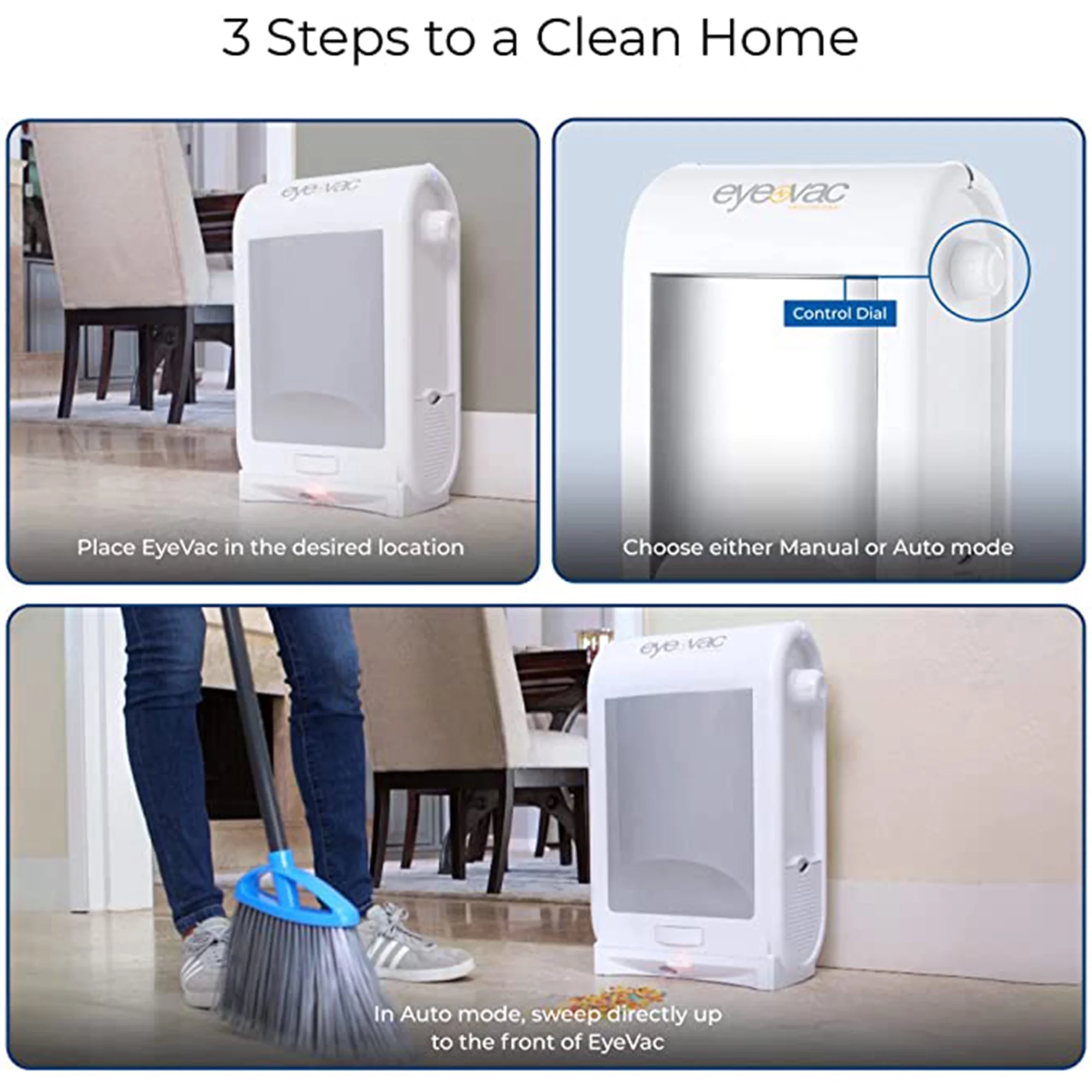 EyeVac Touchless Electric Stationary Pet Vacuum Hard Floor Cleaner, White
