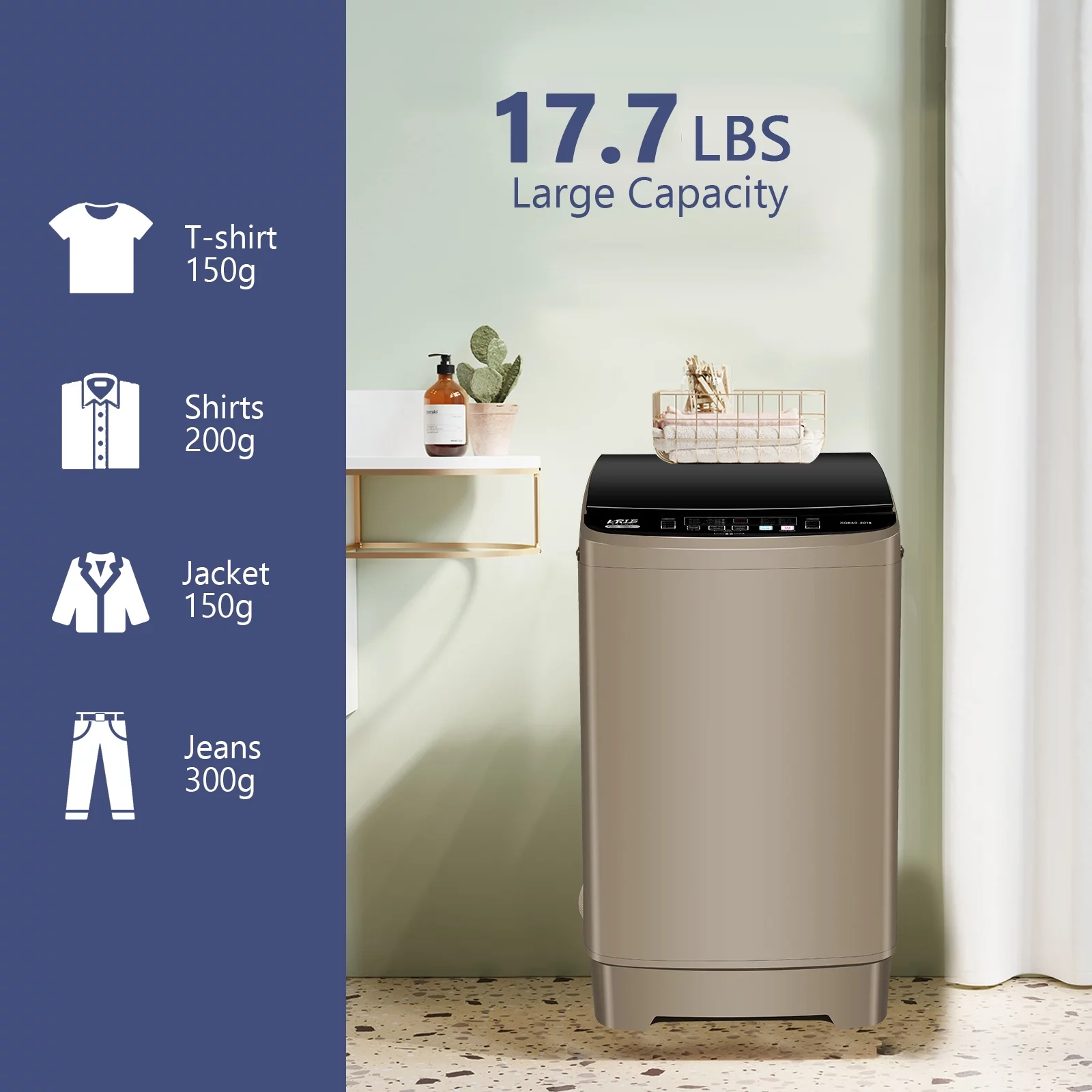 KRIB BLING 17.7 Lbs Full-Automatic Washing Machine, Portable Laundry Washer with Drain Pump, 10 Washing Programs & 8 Water Levels with LED Display, Gold