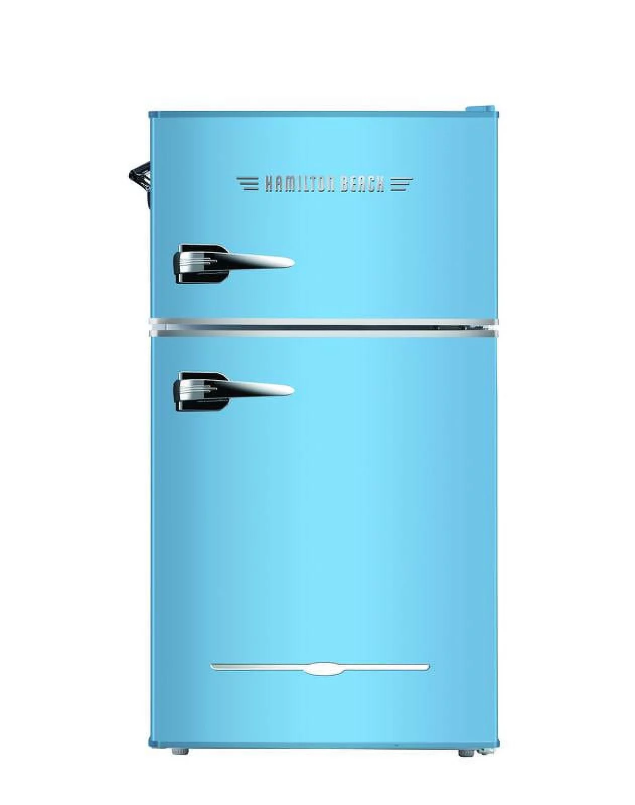 Hamilton Beach 3.1 Cu Ft 2 Door Retro Bar Refrigerator With Side Bottle Opener Sleek Retro Design, Glass Shelf, Blue, HBF3220