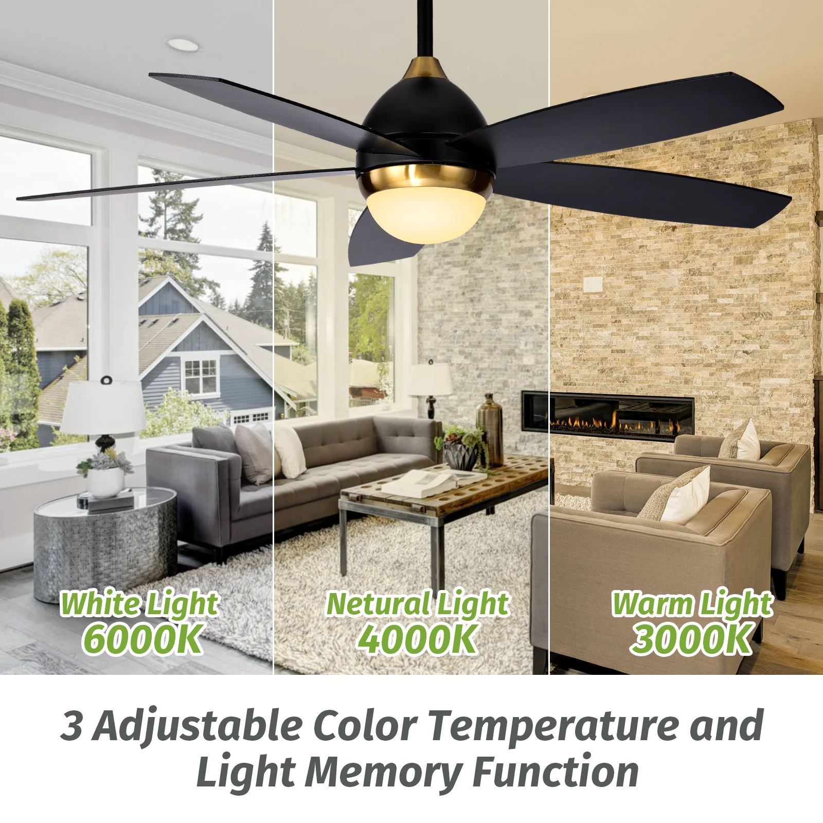 KAPOEFAN 52inch Ceiling Fan with Lights and Remote,Black and Gold Ceiling Fans with Light Memory Function and Timing for Outdoor/Indoor,Living Room,Bedroom,Patio