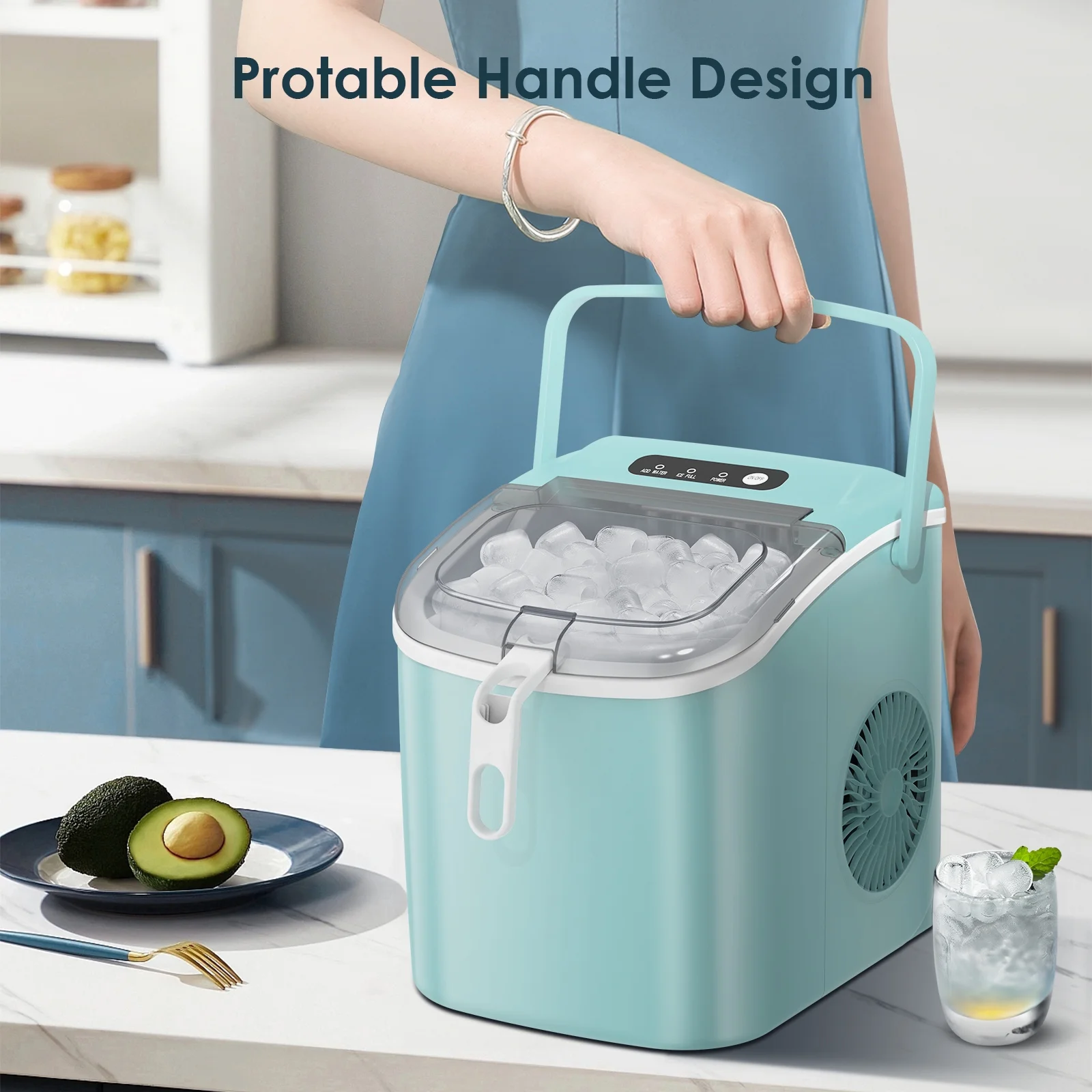Auseo Countertop Ice Maker Machine, Portable Compact Ice Maker with Ice Scoop&Ice Basket, 9 Pcs/8 Mins, 26LBS/24H, Bullet Ice, Self-Cleaning, Home/Kitchen/Office/Bar, Green