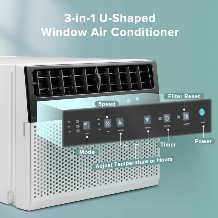 KISSAIR 8,100 BTU (12,000 BTU ASHARE) 115V U Shaped Air Conditioners Window Unit with Remote Control, Cool/Dehumidifier/Fan, Energy Saving, Cools up to 550 Sq. Ft,-White