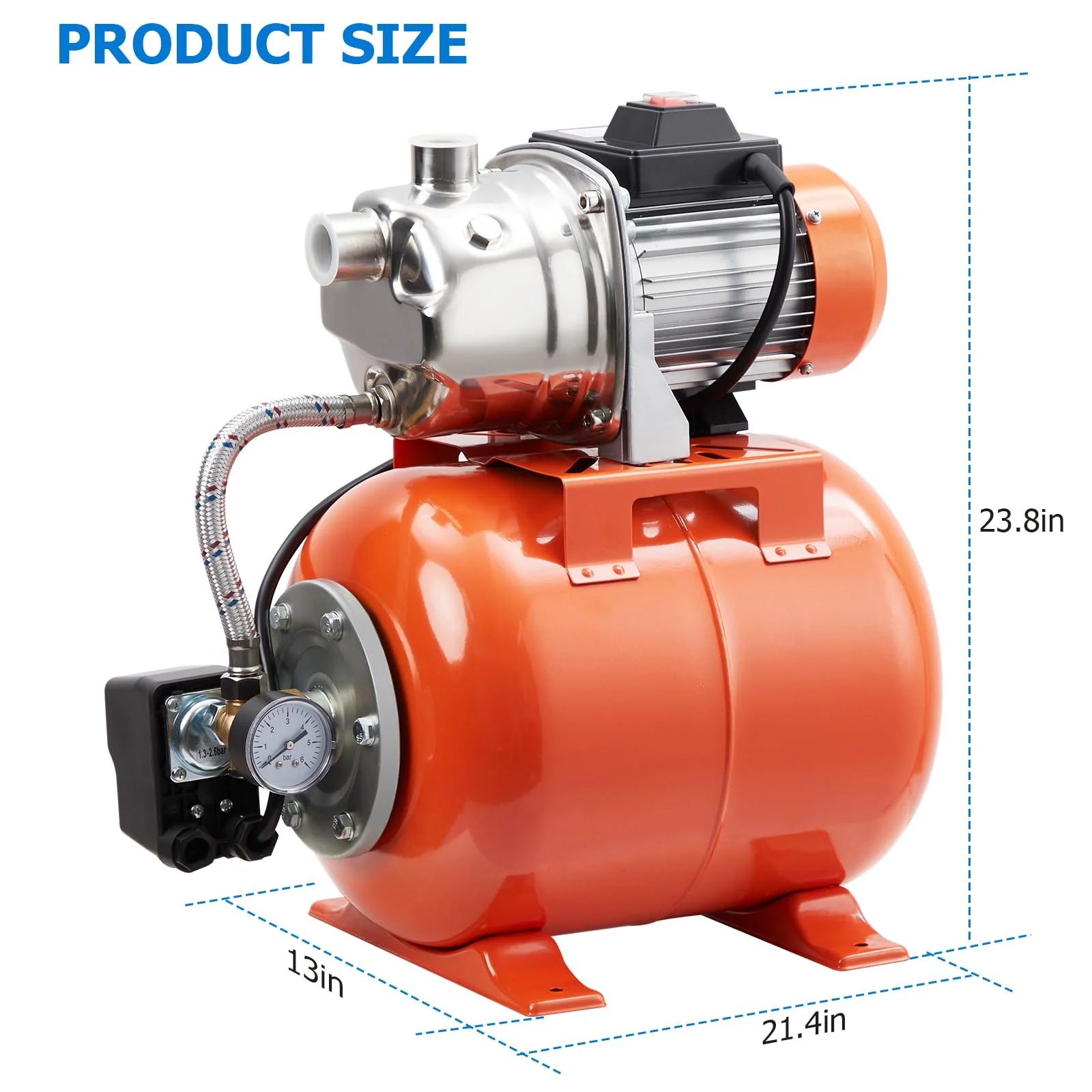 2024 New 1.6 HP Shallow Well Pump with Pressure Tank, 115V 977GPH Stainless Steel Irrigation Pump, Jet Pump Automatic Booster System with 22-44 PSI Preset Switch for Household Garden Lawn