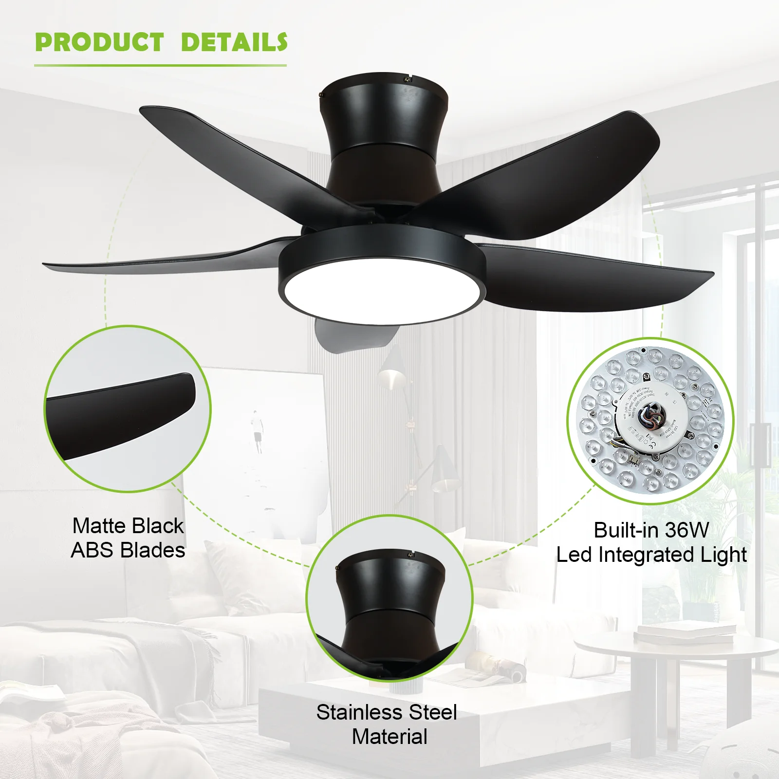 ALUOCYI 42inch Ceiling Fan with Lights and Remote,Modern Low Proflie Ceiling Fans with Dimmable Light for Outdoor/Indoor,Bedroom,Livingroom,Matte Black