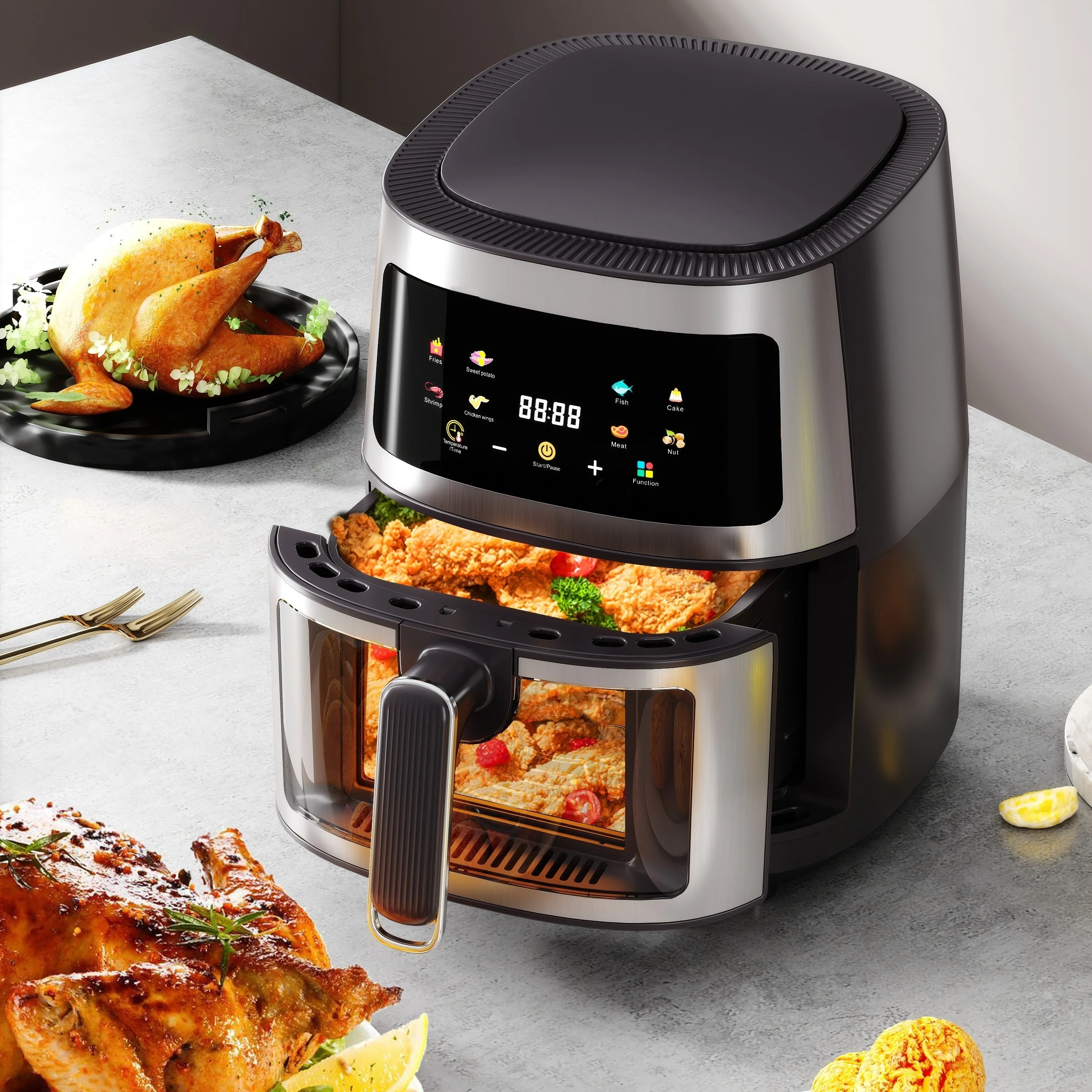 1pc, Air Fryer, 5.0 QT With Temperature Control, Non-stick Frying Basket, 360�� Visual Refinement, Low-fat Grill, Electric Visual Air Fryer